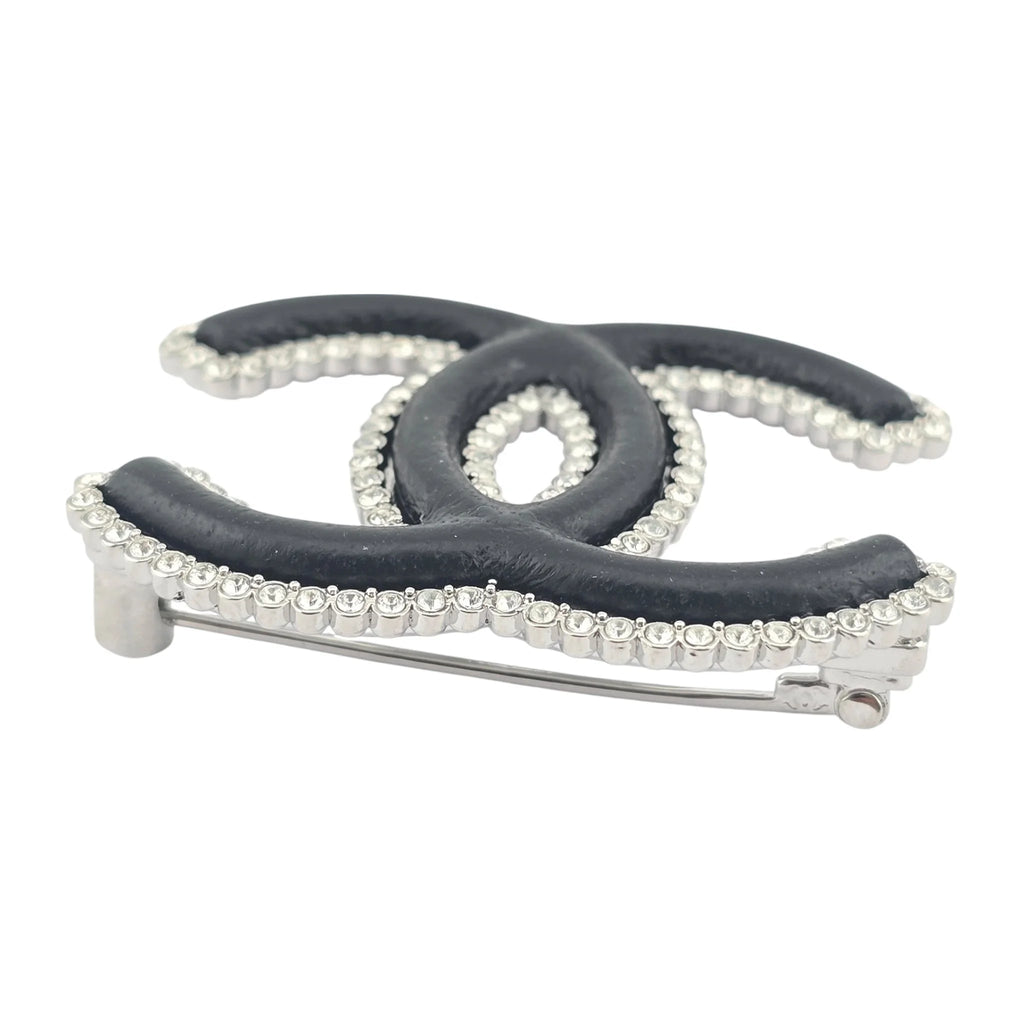 Chanel CC Crystal Leather Silver Tone Pin Brooch 2022 CHANEL