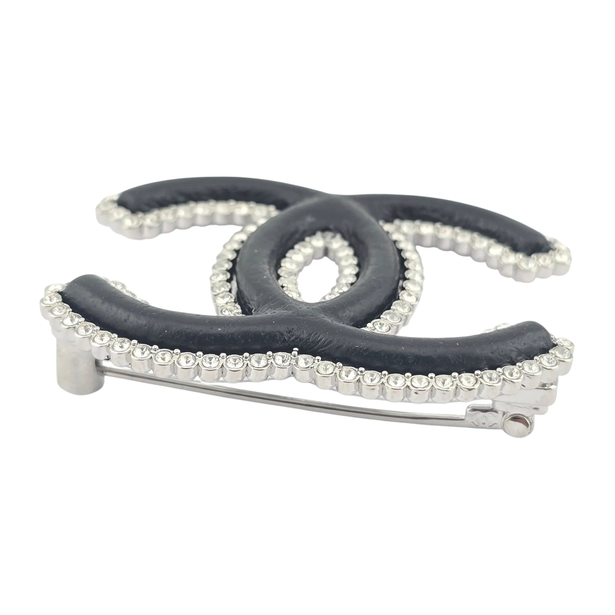 Chanel CC Crystal Leather Silver Tone Pin Brooch 2022 CHANEL