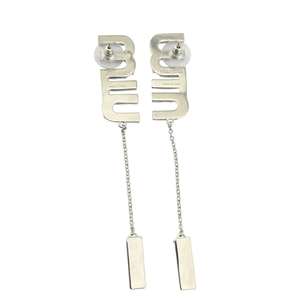 Miu Miu Logo Silver Crystal Drop Earrings MIU MIU