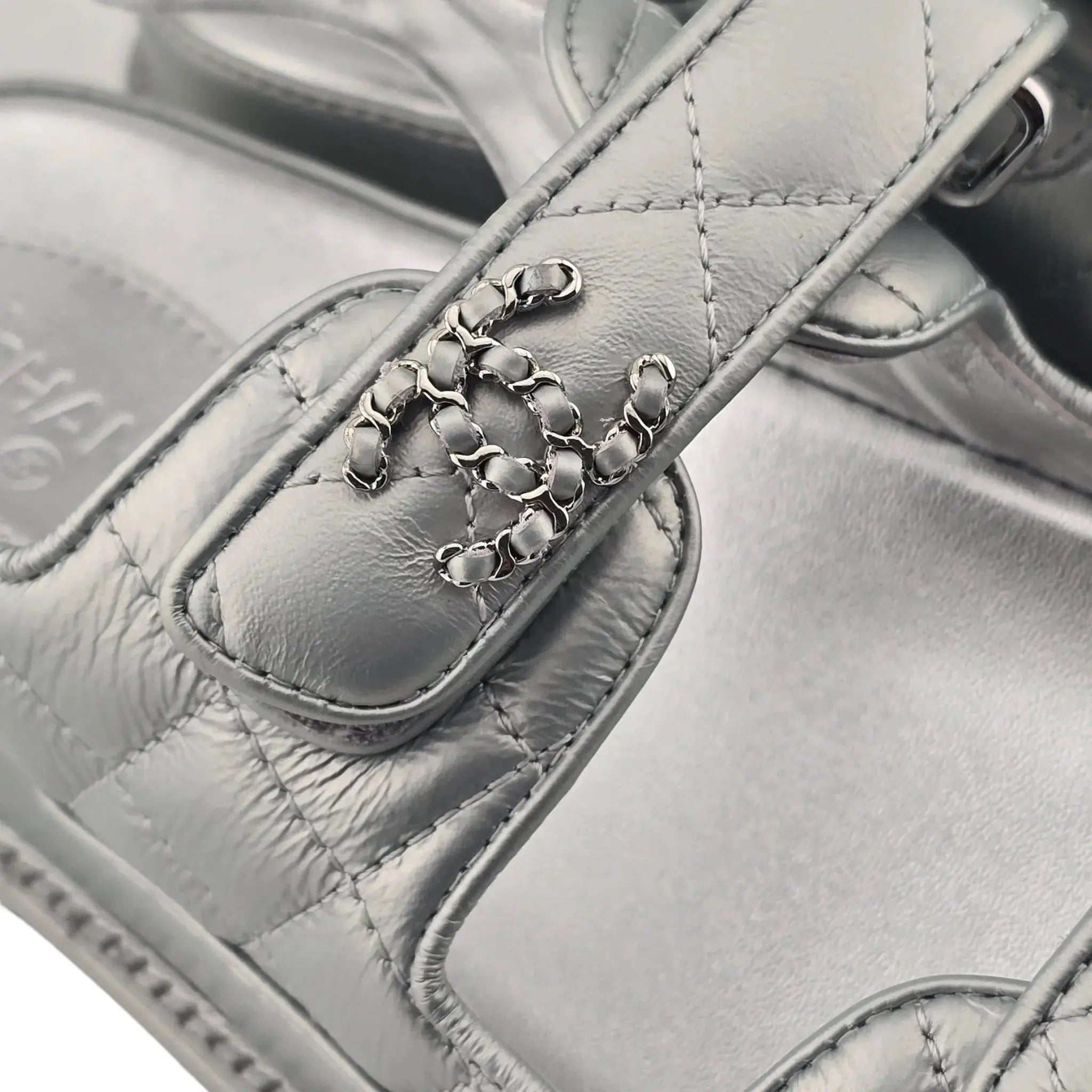 Chanel CC Silver Metallic Leather Dad Sandals CHANEL