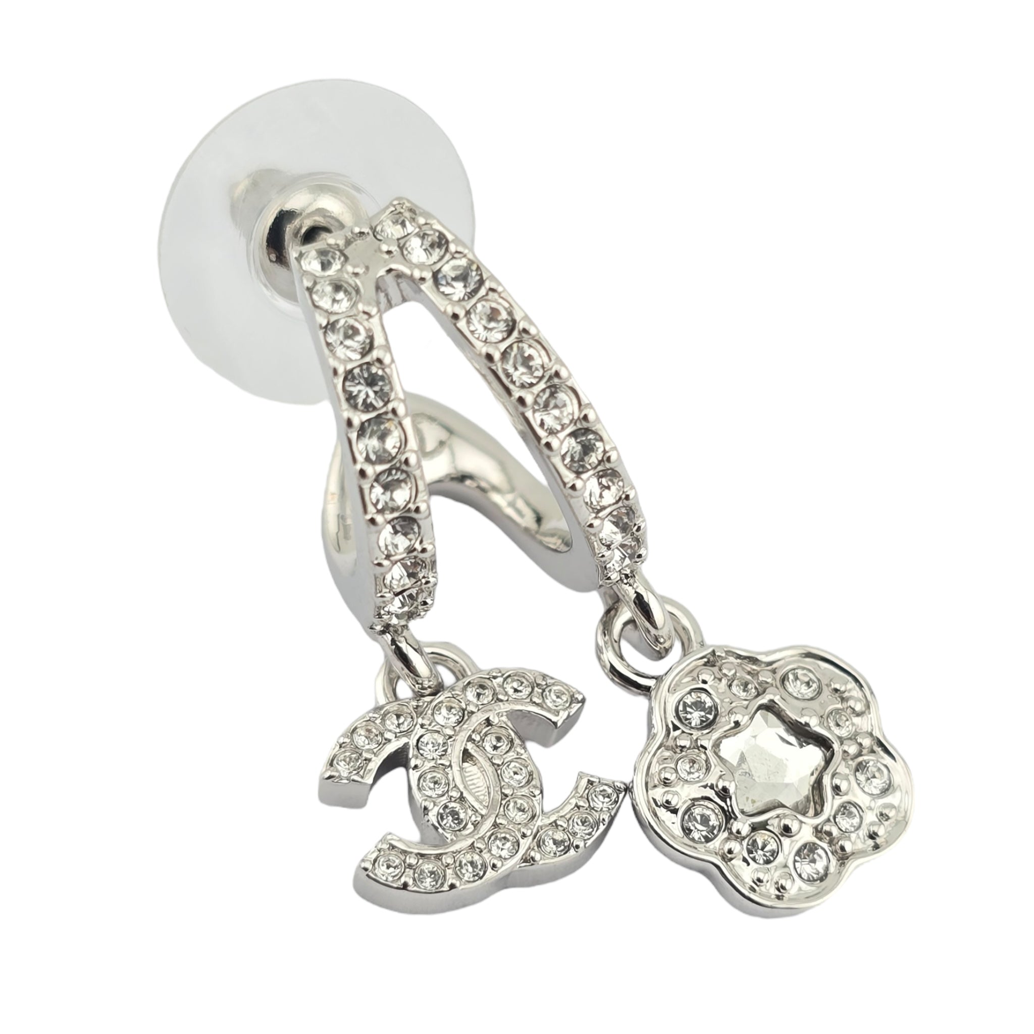Chanel CC Silver Crystal Hoop Pendant Earrings 2025 CHANEL