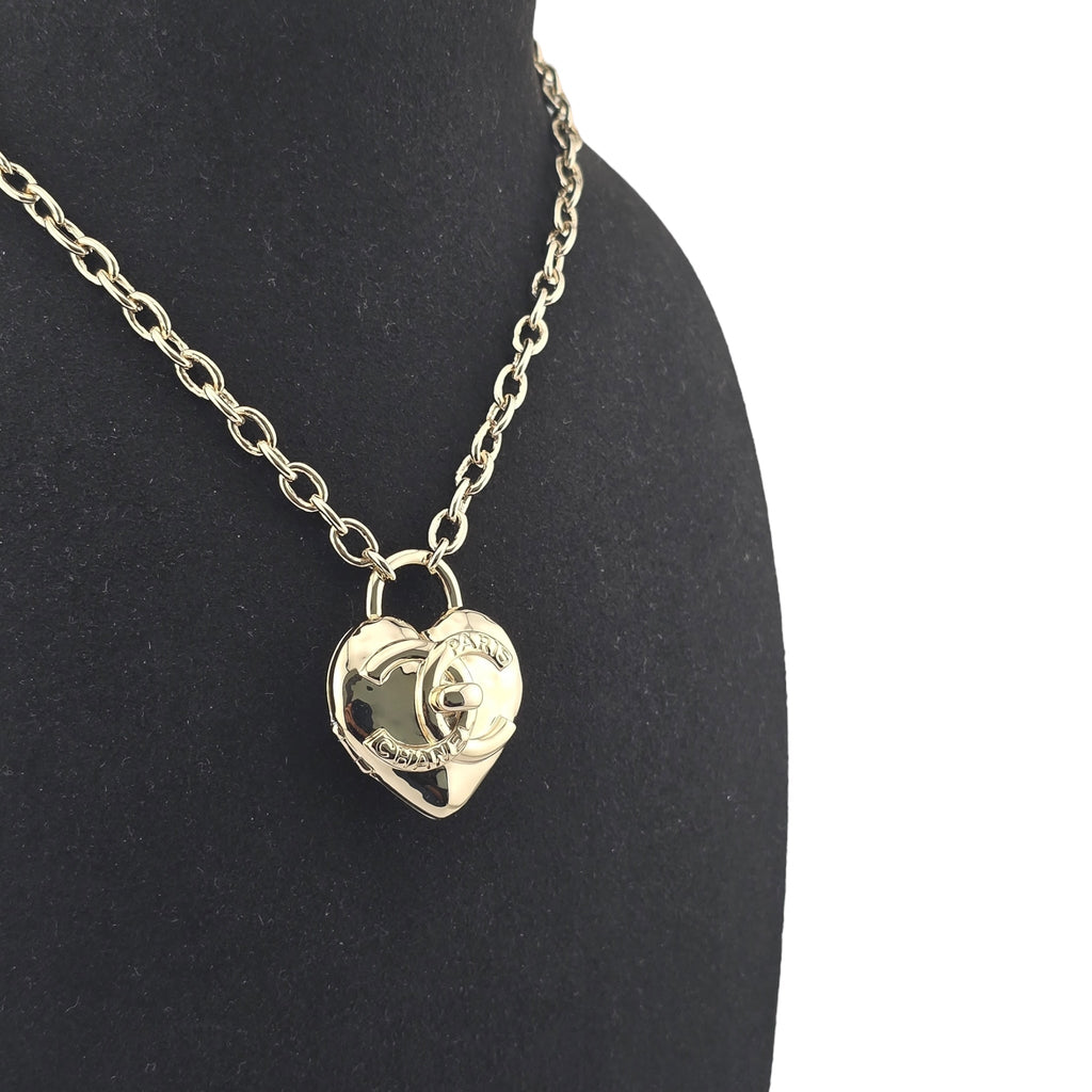 Chanel CC Metal Turnlock Heart Locket Necklace Gold CHANEL