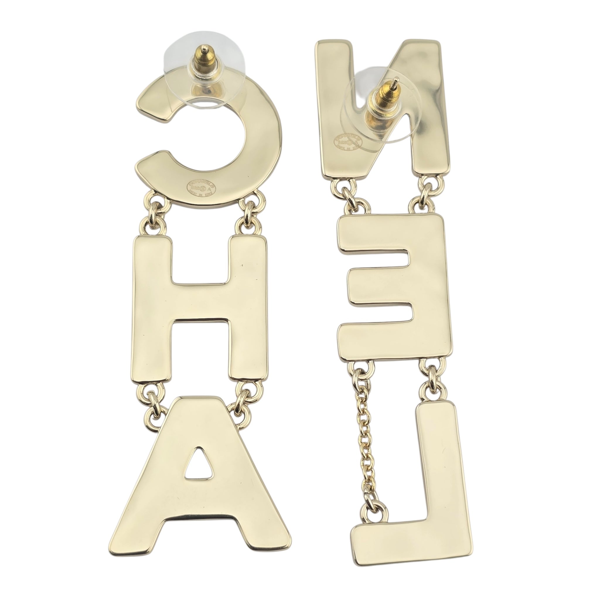Chanel Metal Enamel Cha-Nel Logo Drop Earrings Black White CHANEL