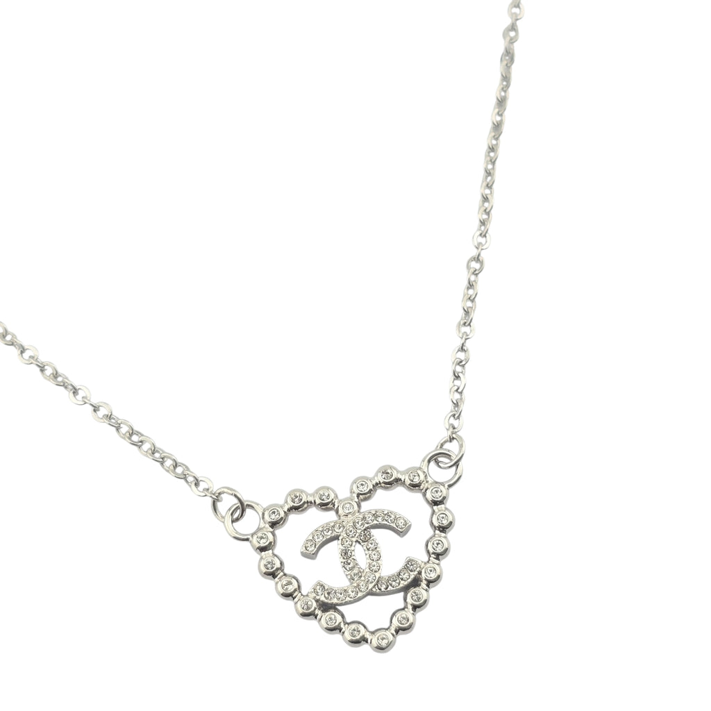 Chanel CC Crystal Heart Silver Necklace