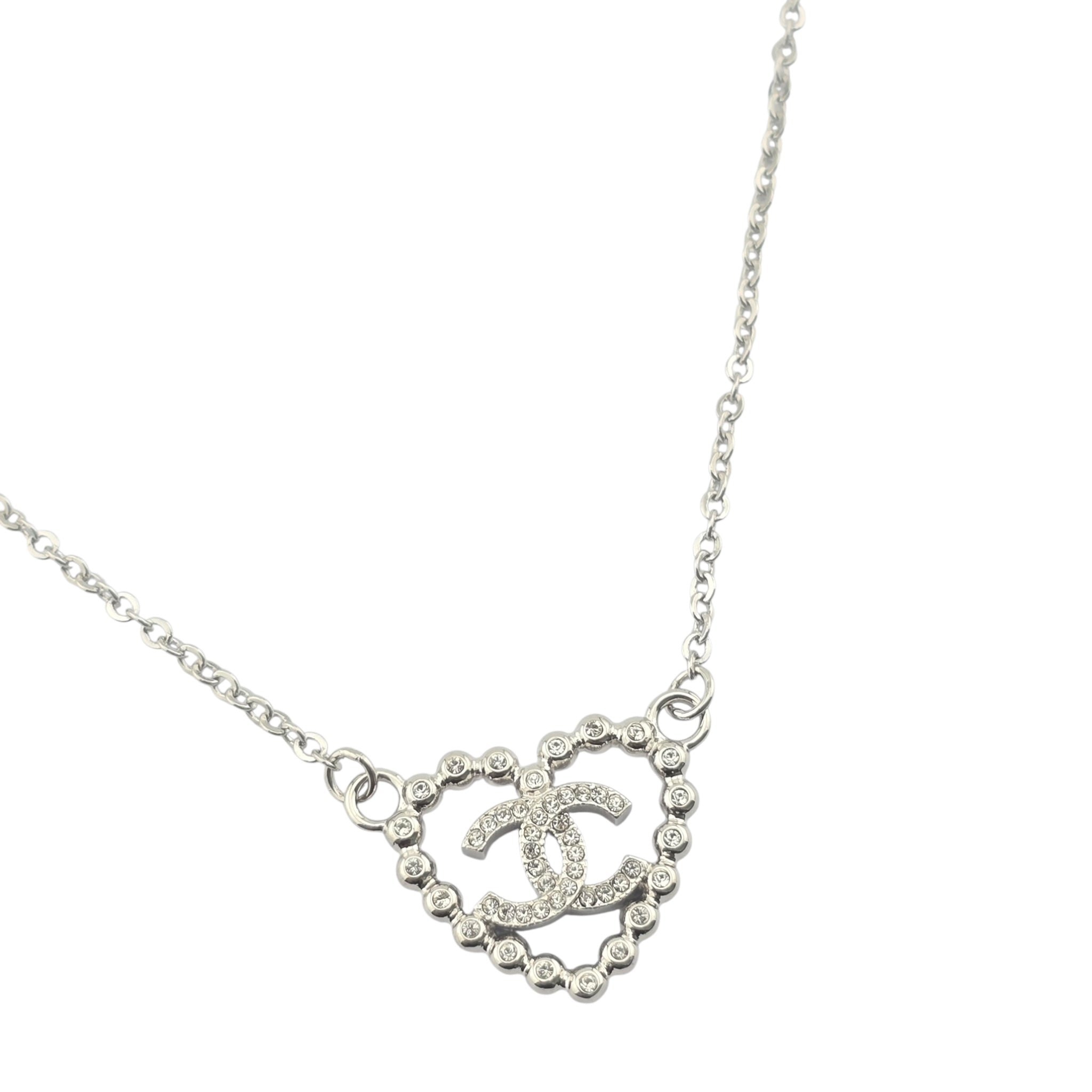 Chanel CC Crystal Heart Silver Necklace