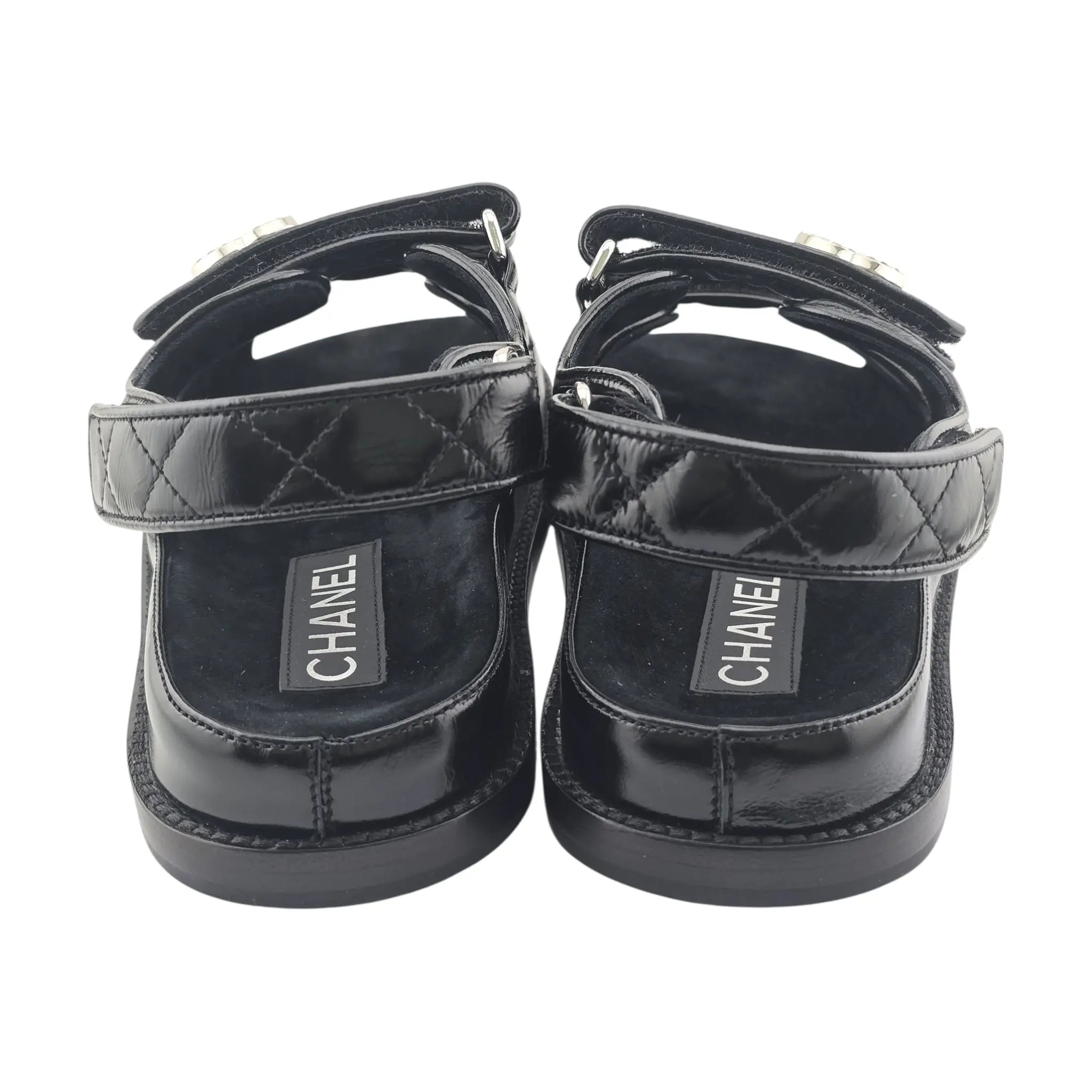 Chanel CC Dad Black Crystal Quilt Sandals 39 CHANEL