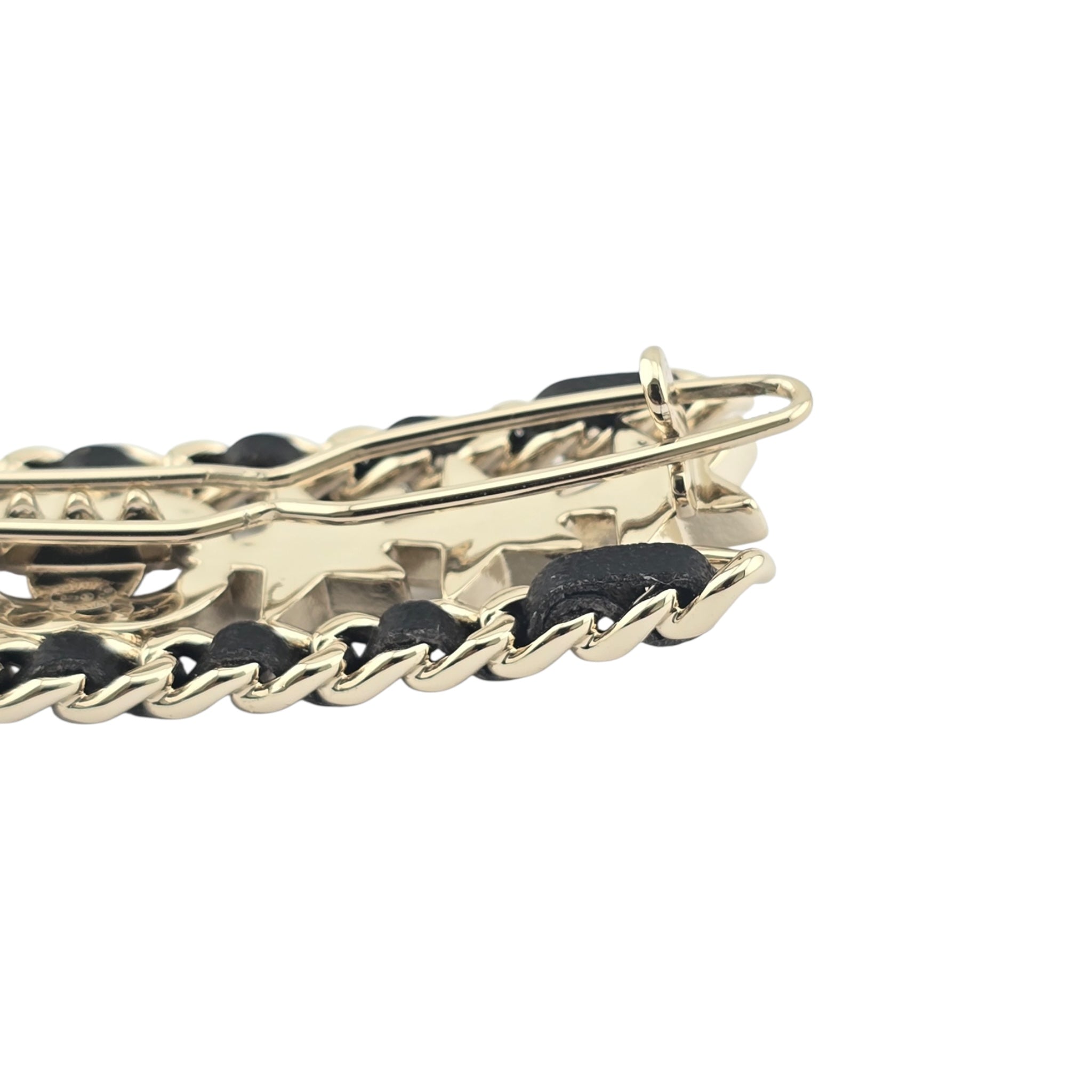 Chanel CC Black Leather Crystal Hair Barrette Clip B23