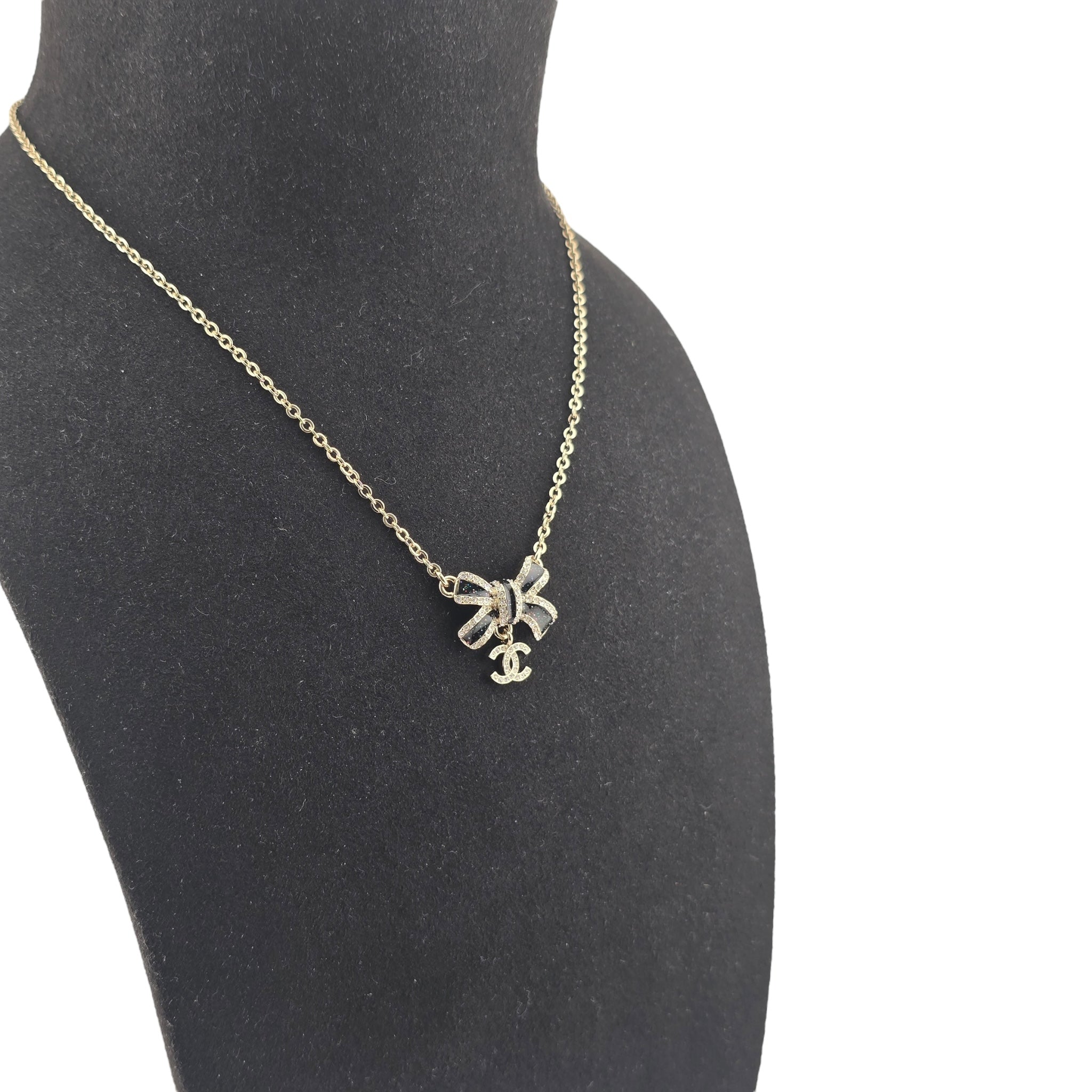 Chanel CC Gold Crystal Enamel Bow Necklace 2025