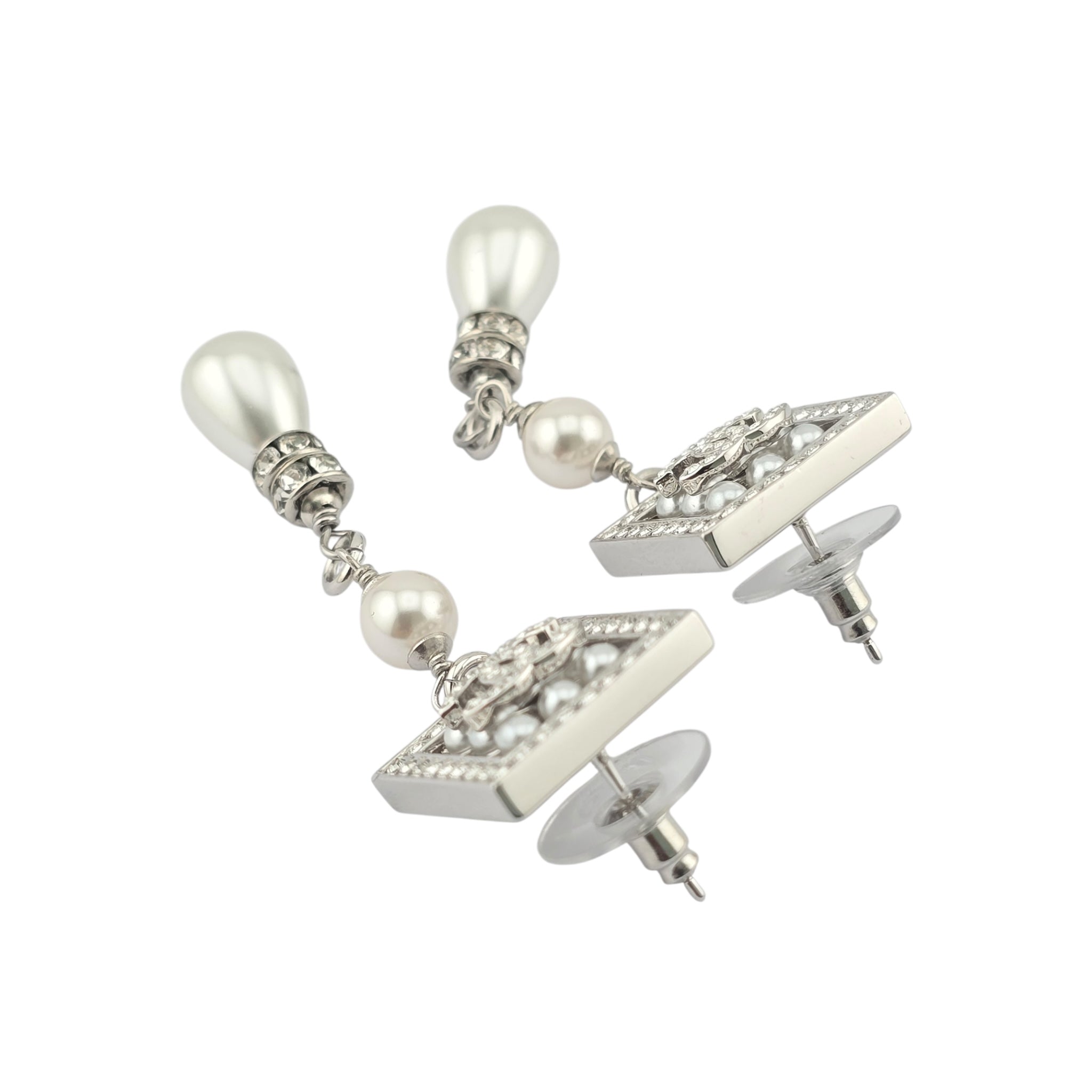 Chanel CC Silver Faux Pearl Drop Earrings 2024