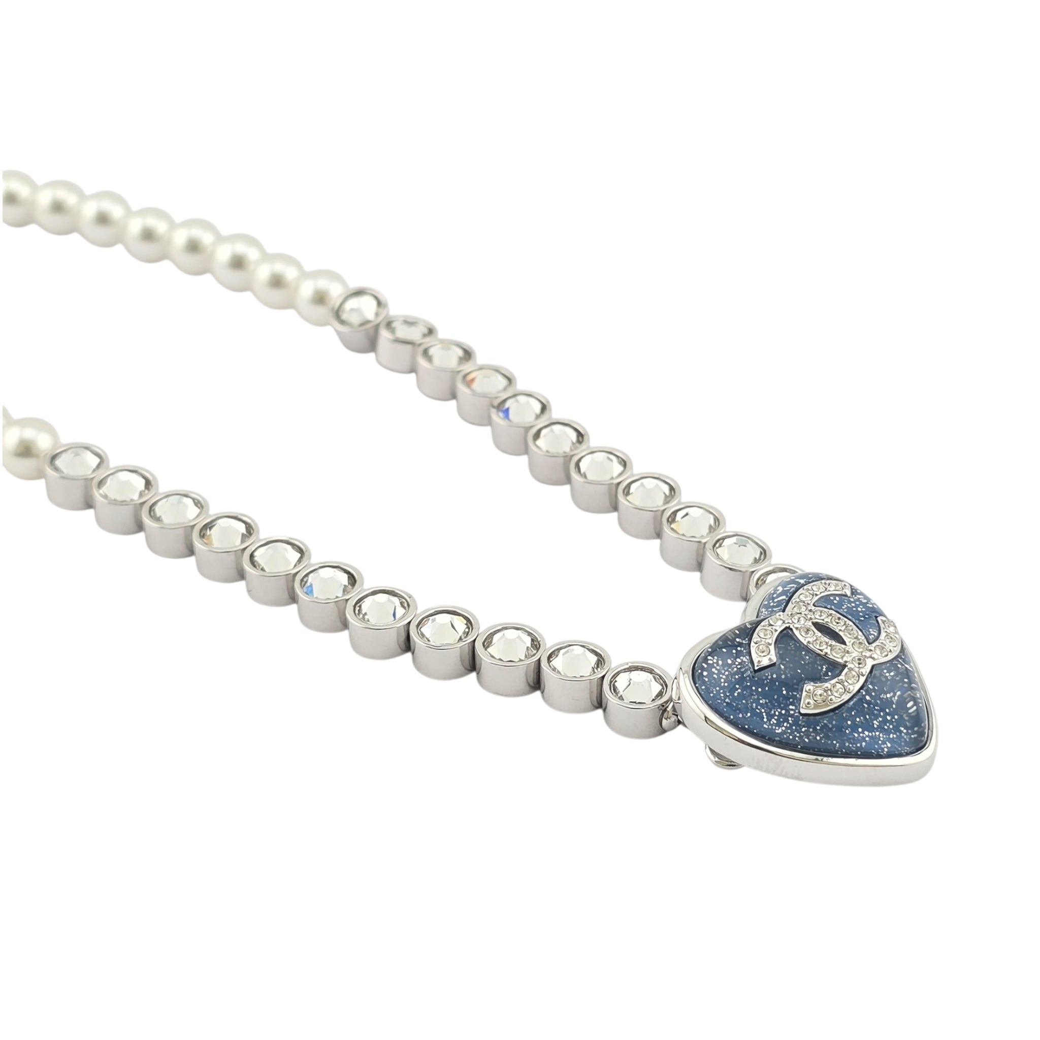 Chanel CC Faux Pearl Crystal Blue Heart Necklace 2025