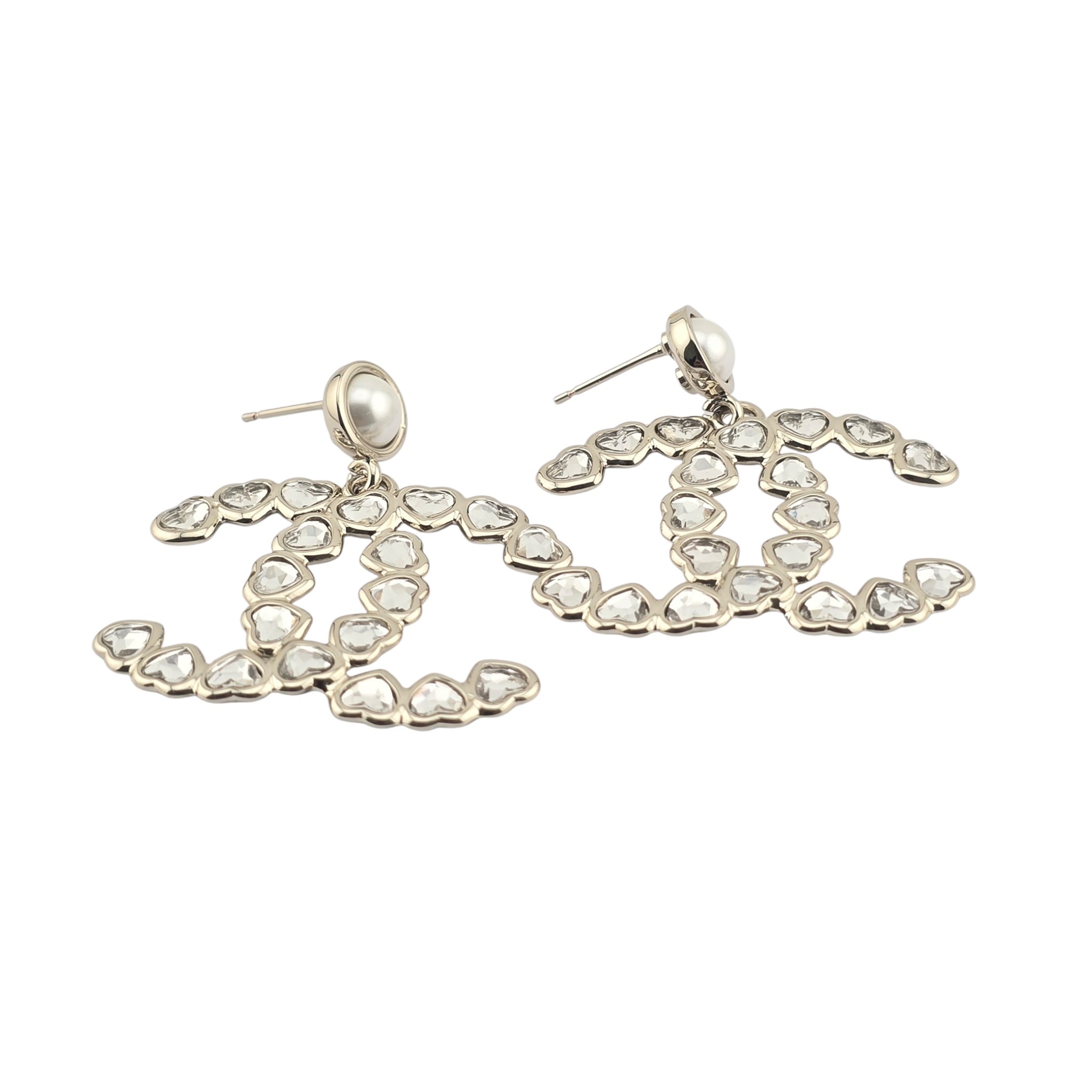 Chanel CC Pearl Crystal Heart Drop Earrings Gold 2025