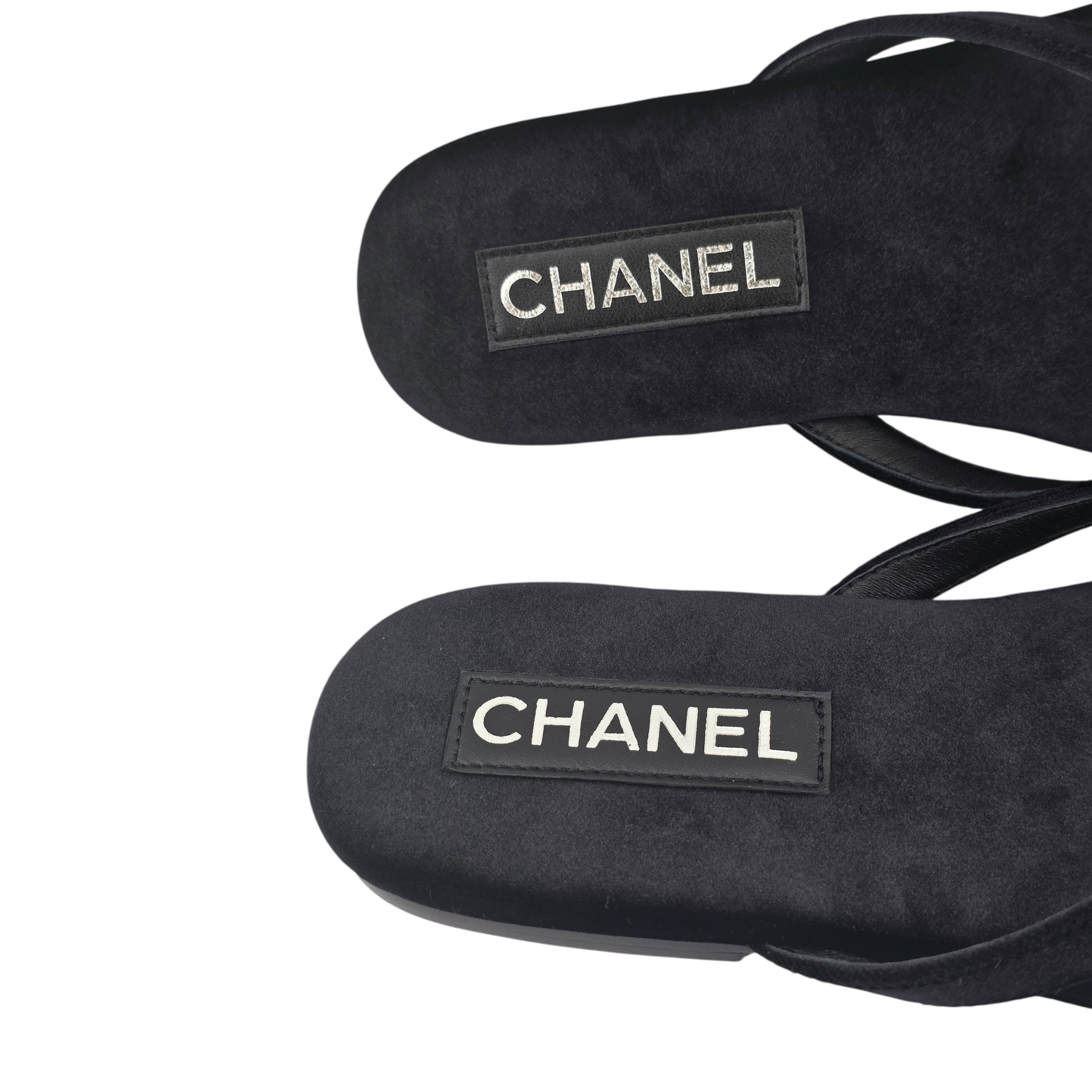 Chanel CC Black Velvet Crystal Thong Sandals 39