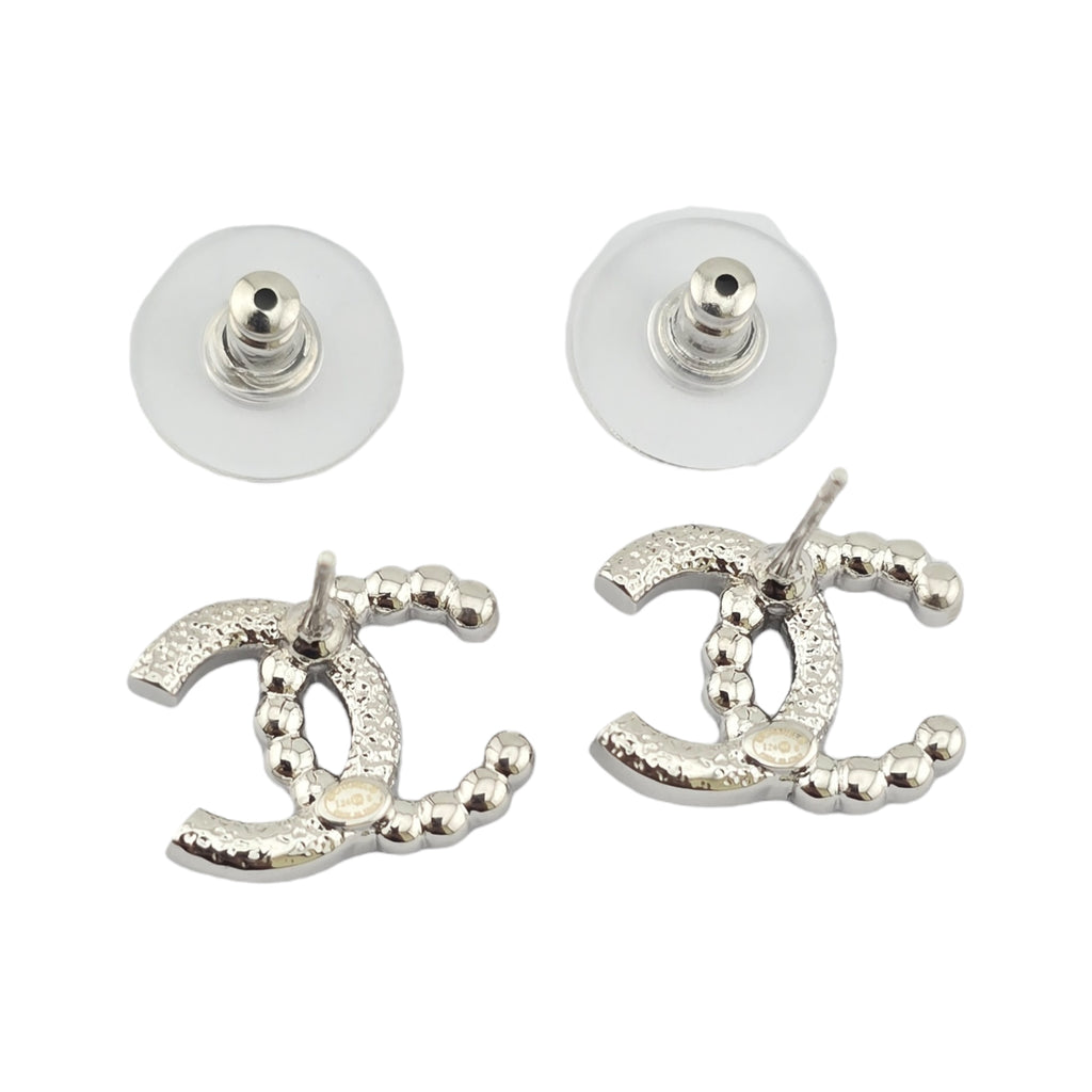 Chanel Pearl Crystal CC Earrings Silver Pearly White