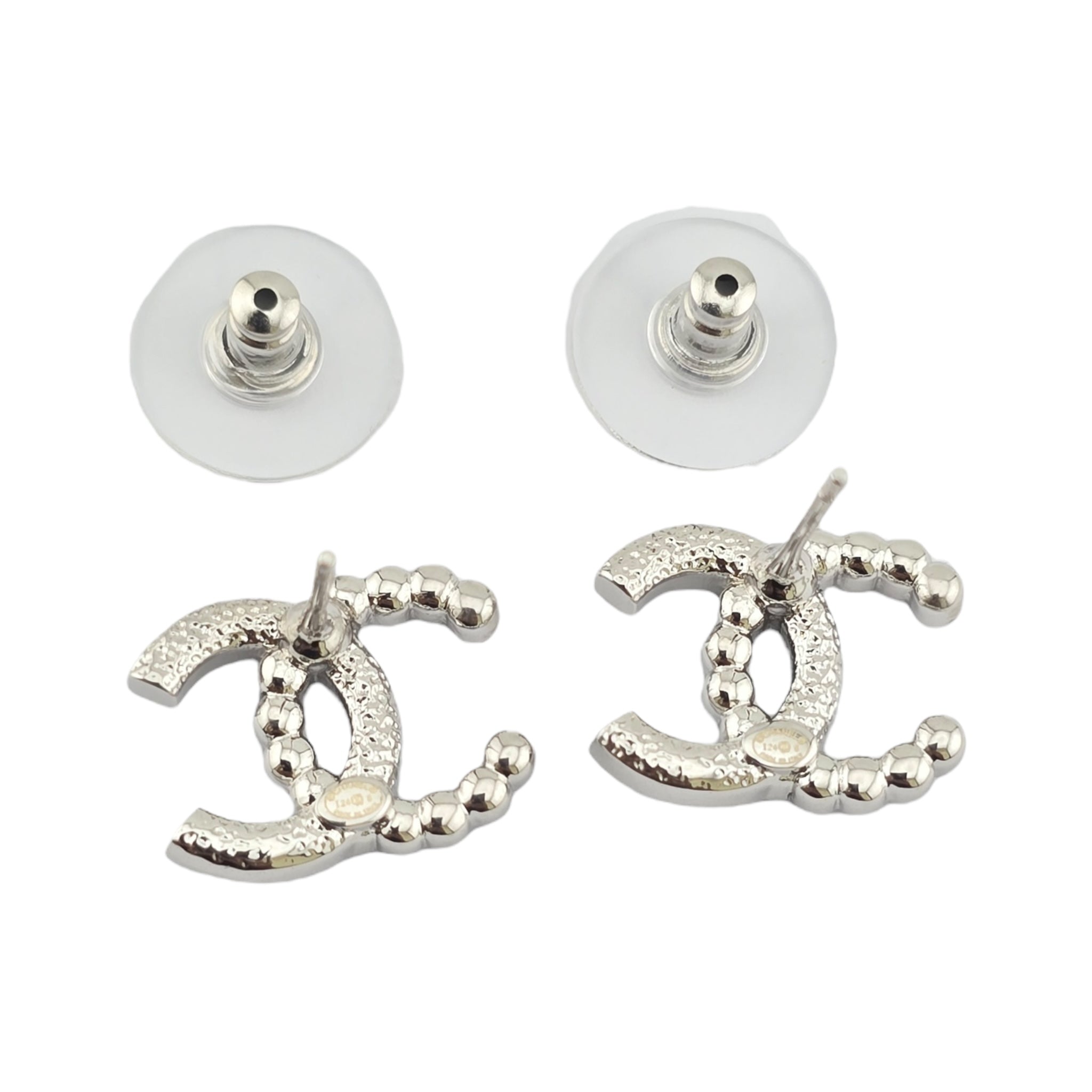 Chanel Pearl Crystal CC Earrings Silver Pearly White