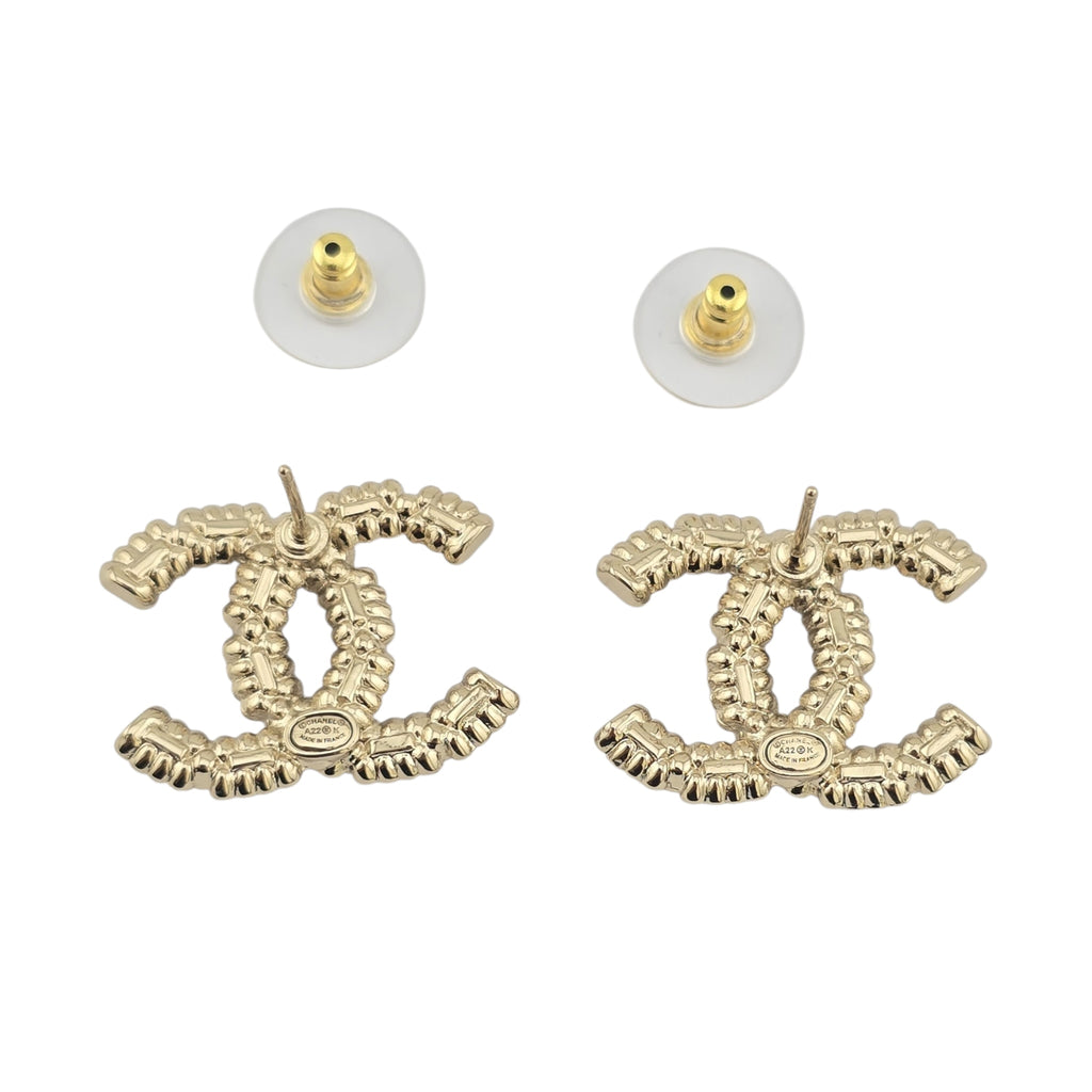 Crystal Baguette Pearl CC Earrings Gold Pearly White