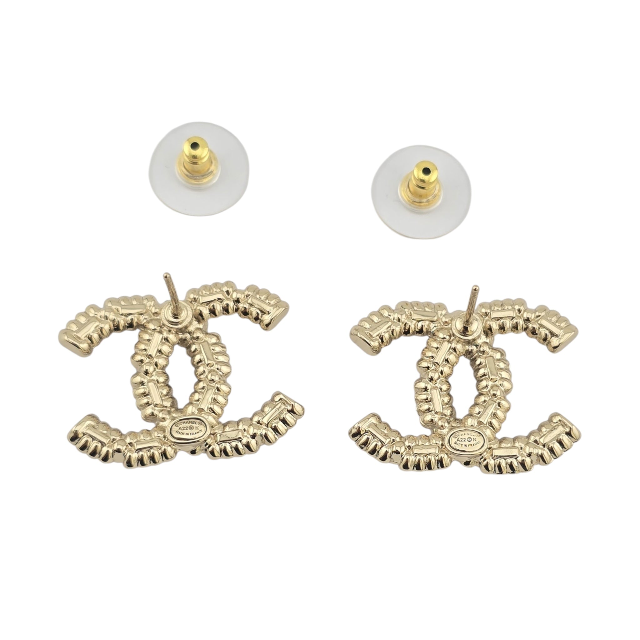 Crystal Baguette Pearl CC Earrings Gold Pearly White