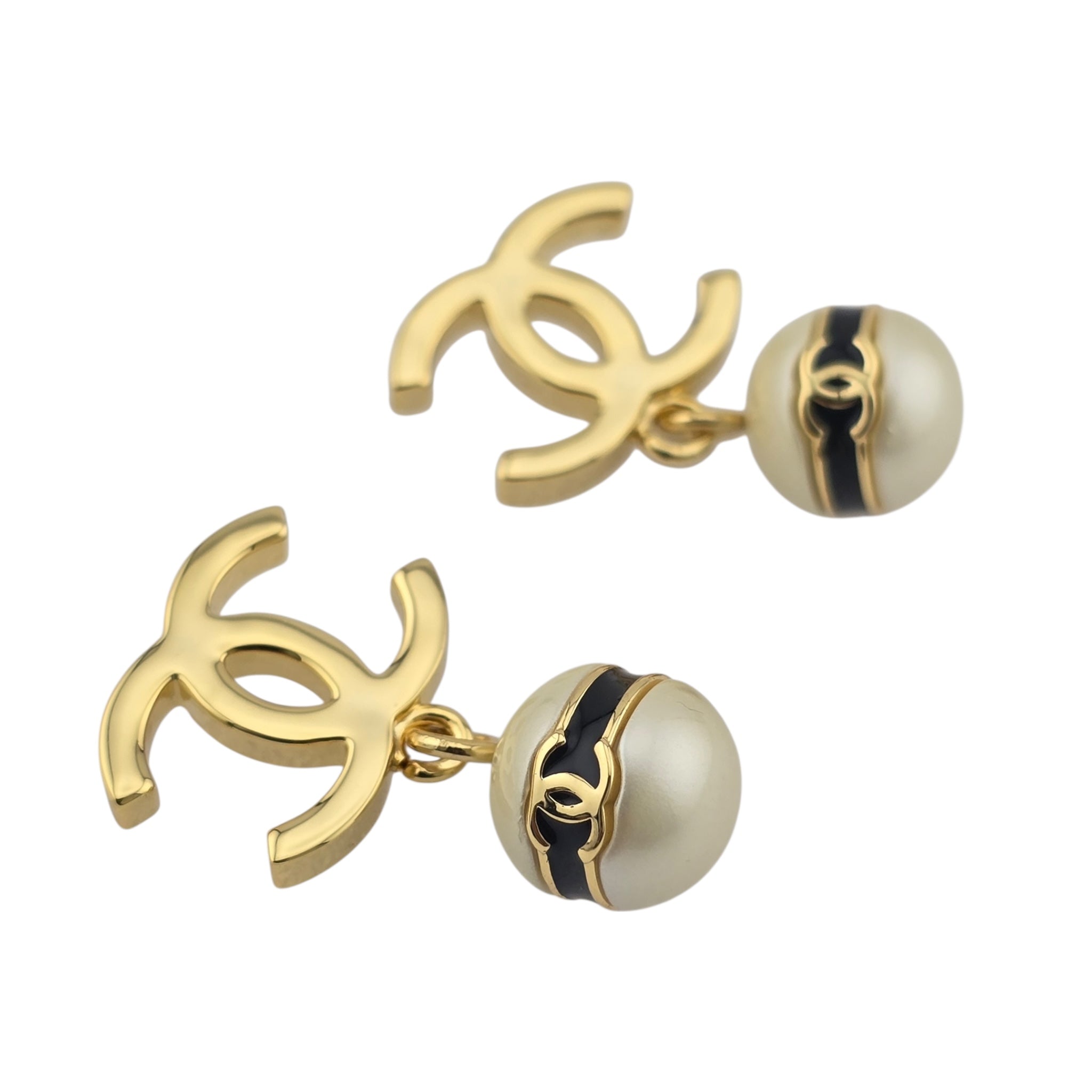 Chanel CC Pearl Drop Earrings Gold Black 2024