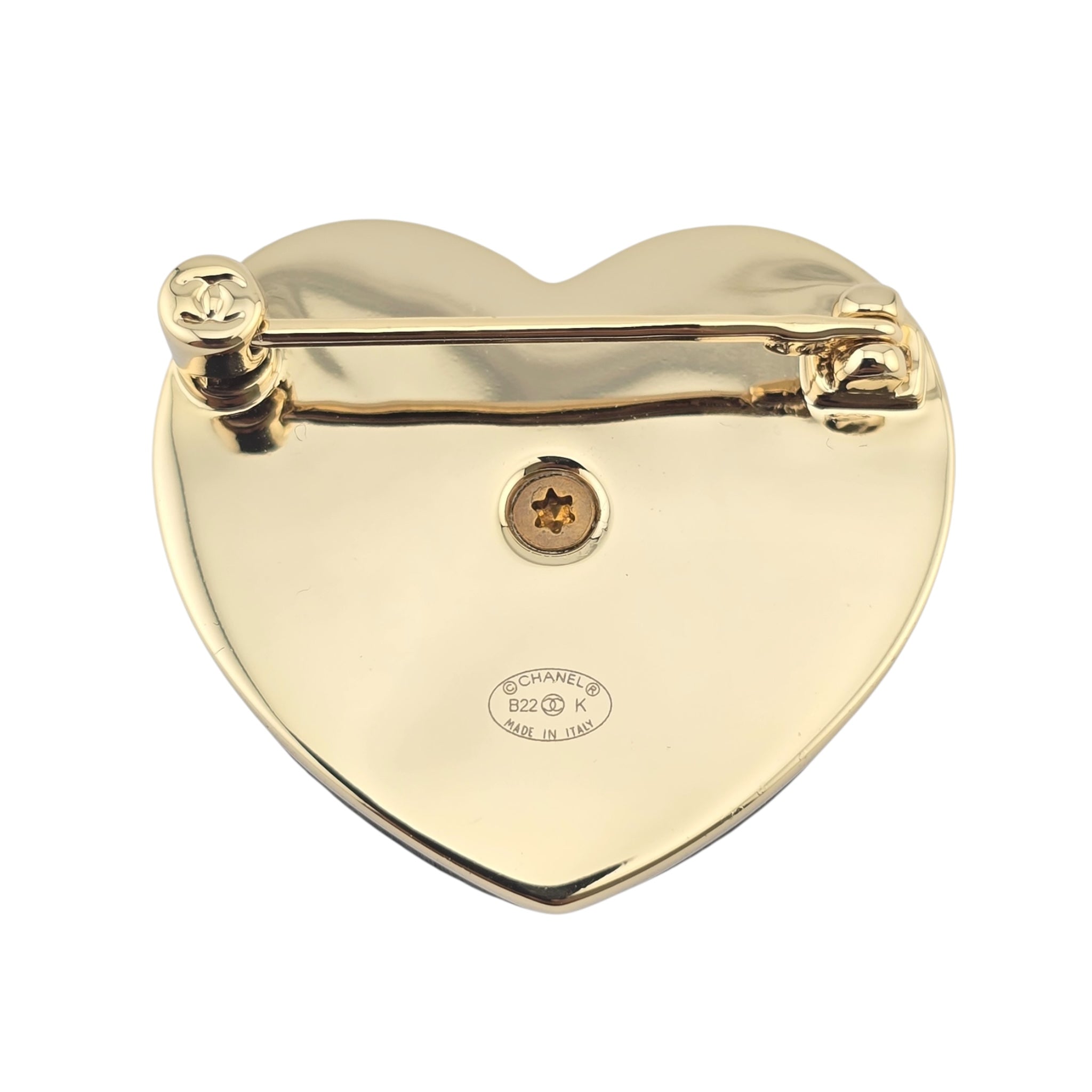 Chanel Lambskin CC Heart Brooch Black Gold B22