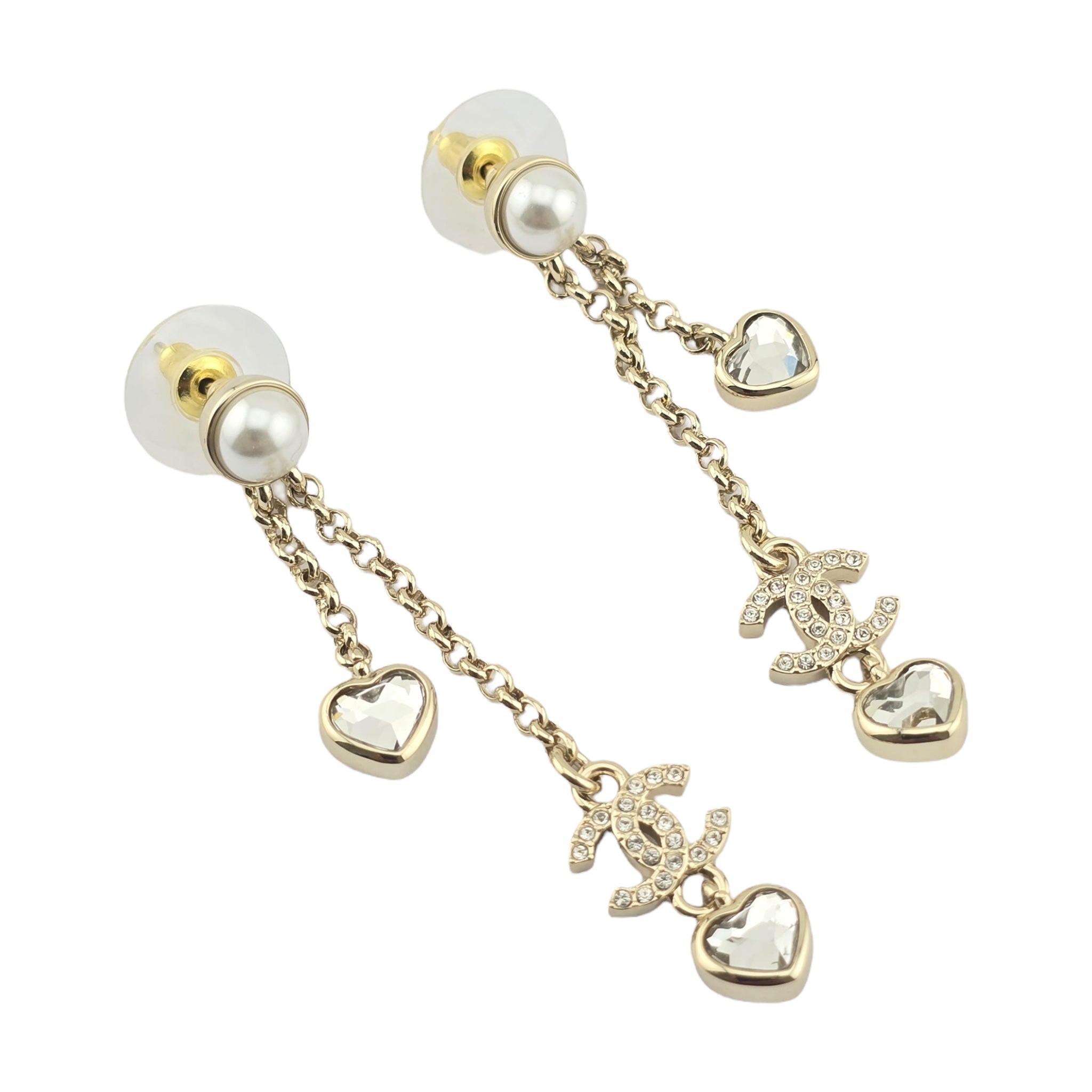 Chanel CC Gold Dangle Heart Crystal Earrings 2025