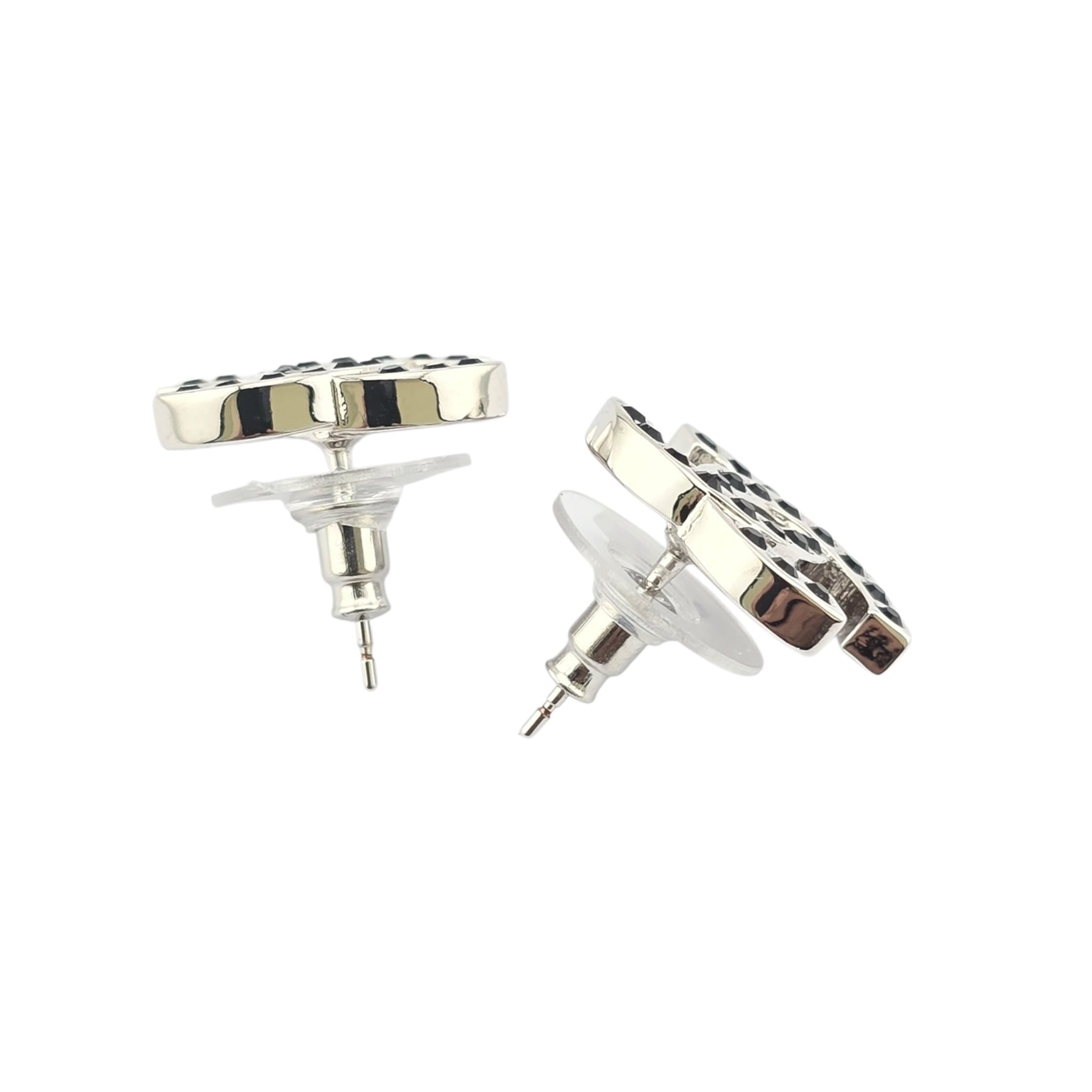 Chanel CC Silver Black Crystal Stud Earrings 2025