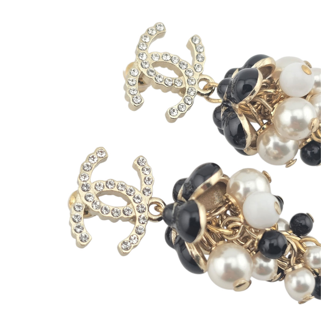 Chanel CC Faux Pearl White Black Gold Earrings CHANEL