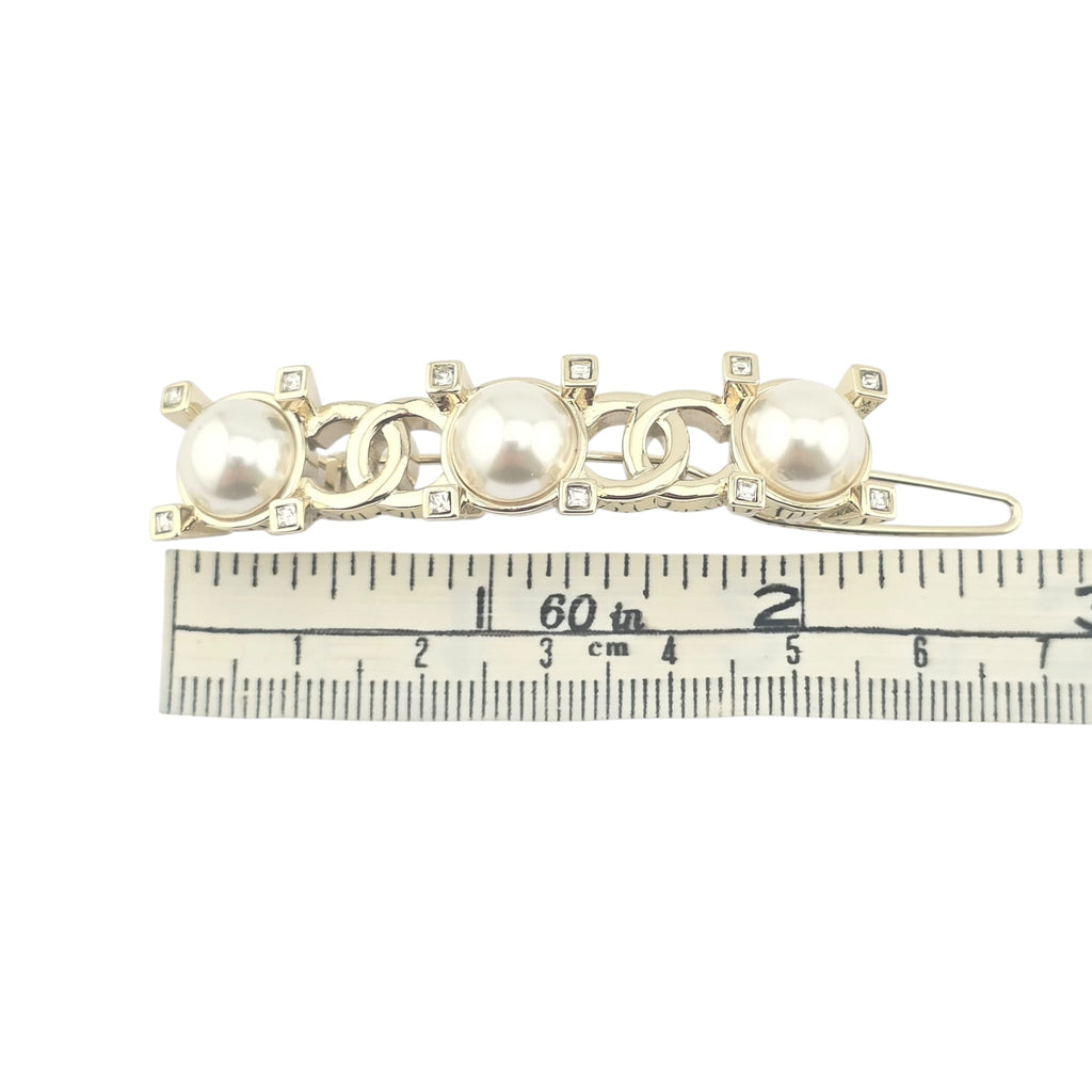 Chanel CC Faux Pearl Gold Hair Barrette Clip CHANEL