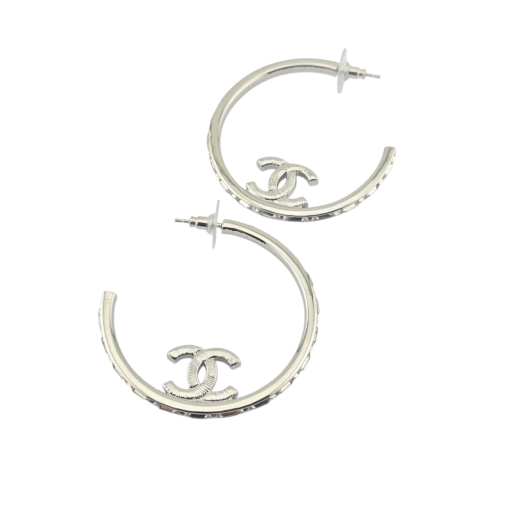 Chanel CC Metal Crystal Baguette Large Hoop Earrings Silver 2022 CHANEL