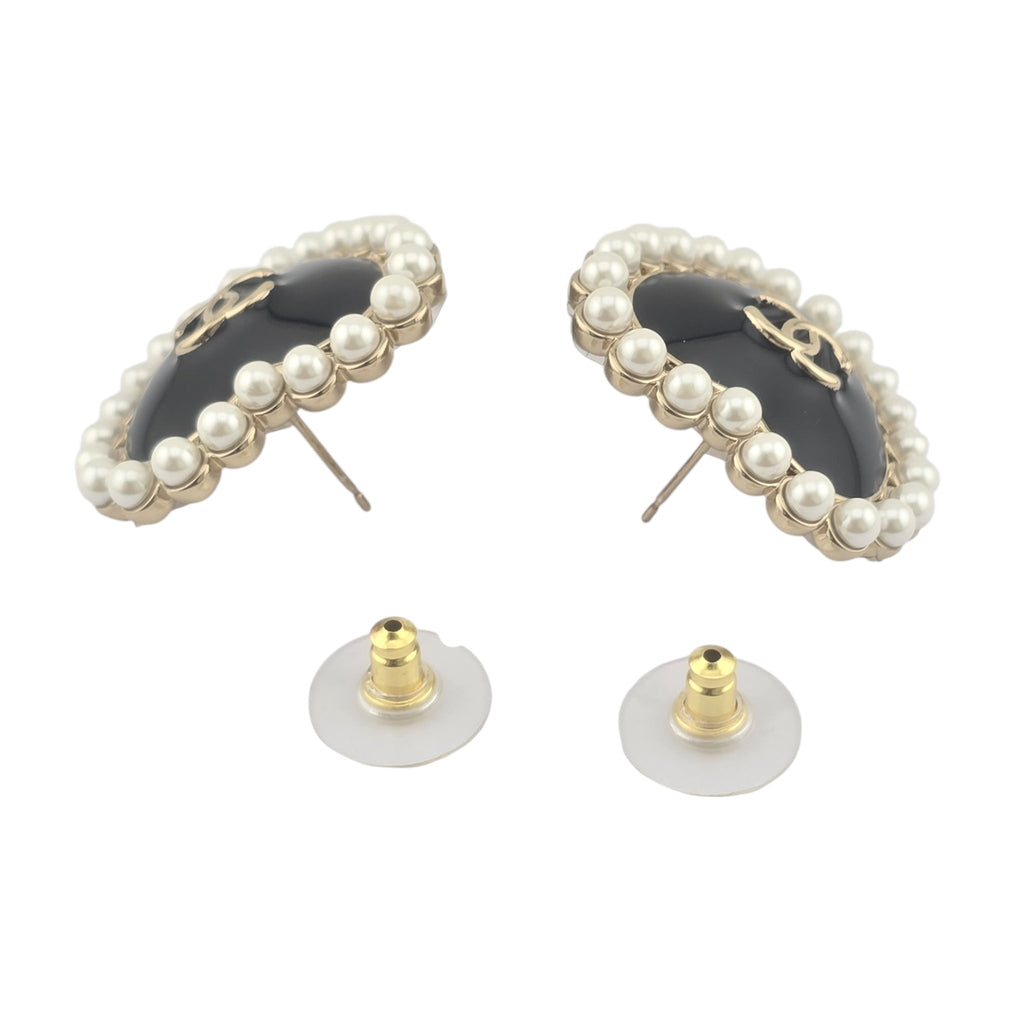 Chanel CC Black Gold Heart Faux Pearl Earrings 2025 CHANEL