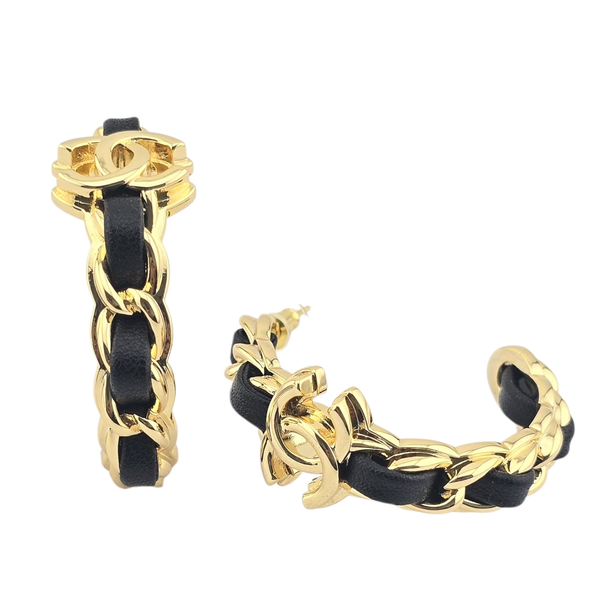 Chanel CC Leather Metal Hoop Earrings 2024 CHANEL