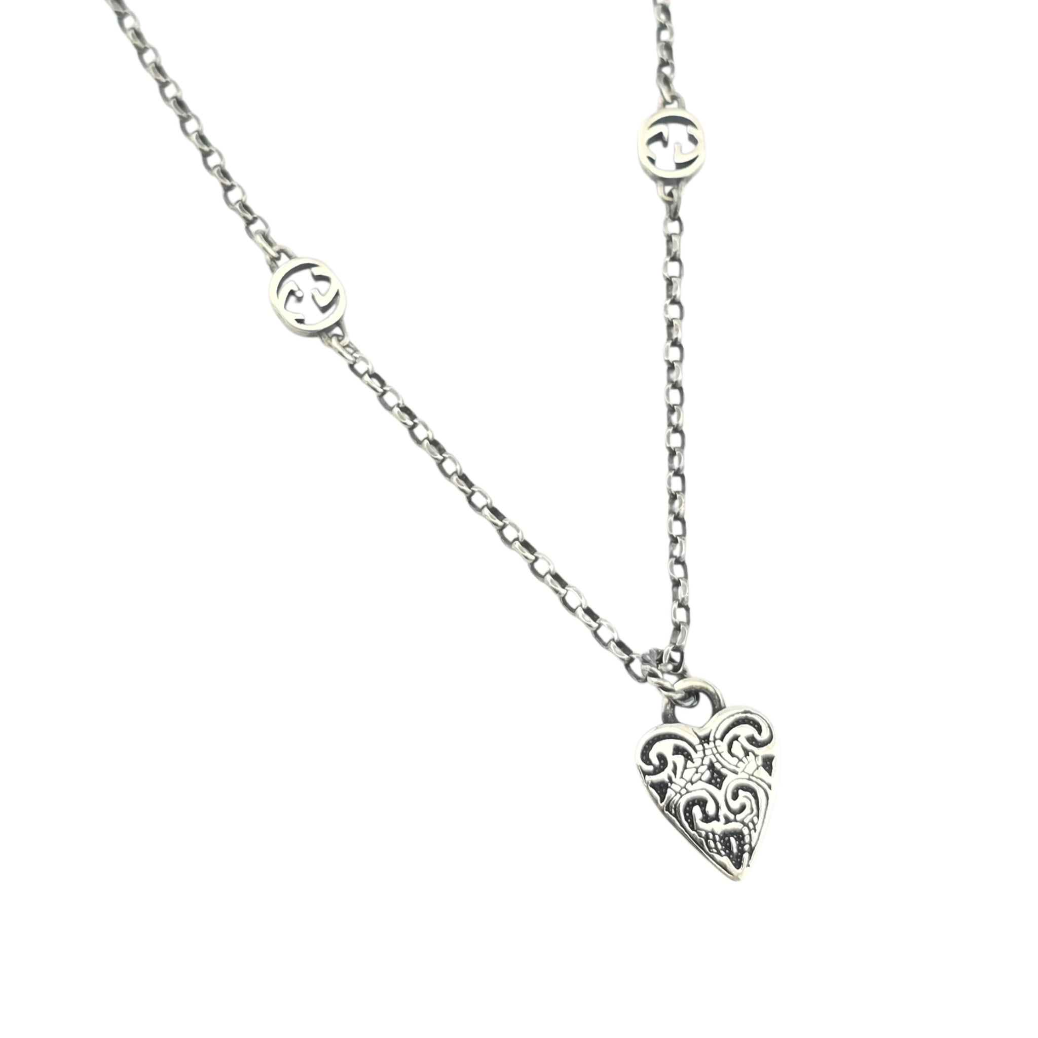 GUCCI GG Engraved Heart Charm Sterling Silver Necklace GUCCI
