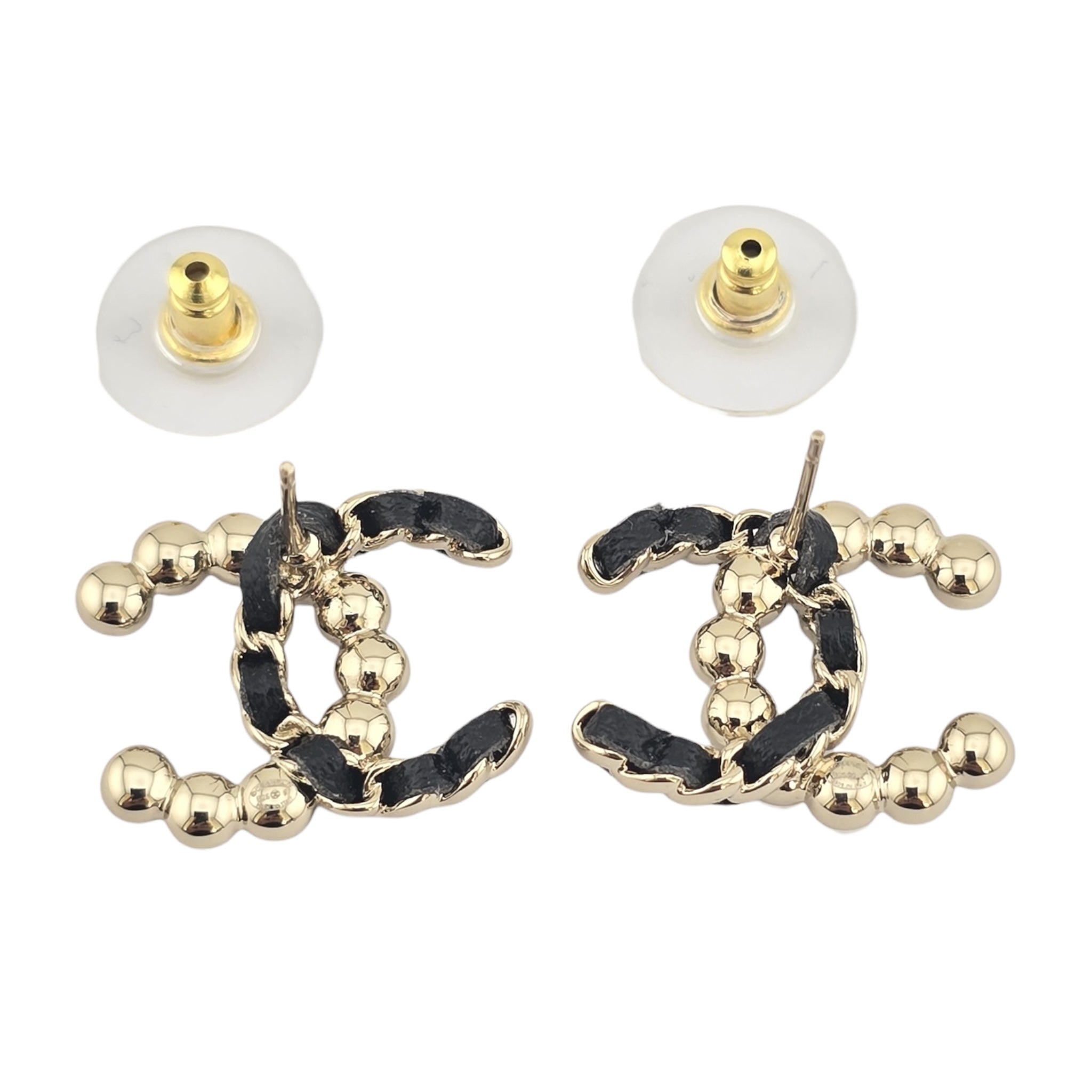 Chanel CC Gold Faux Pearl Leather Stud Earrings 2025 CHANEL