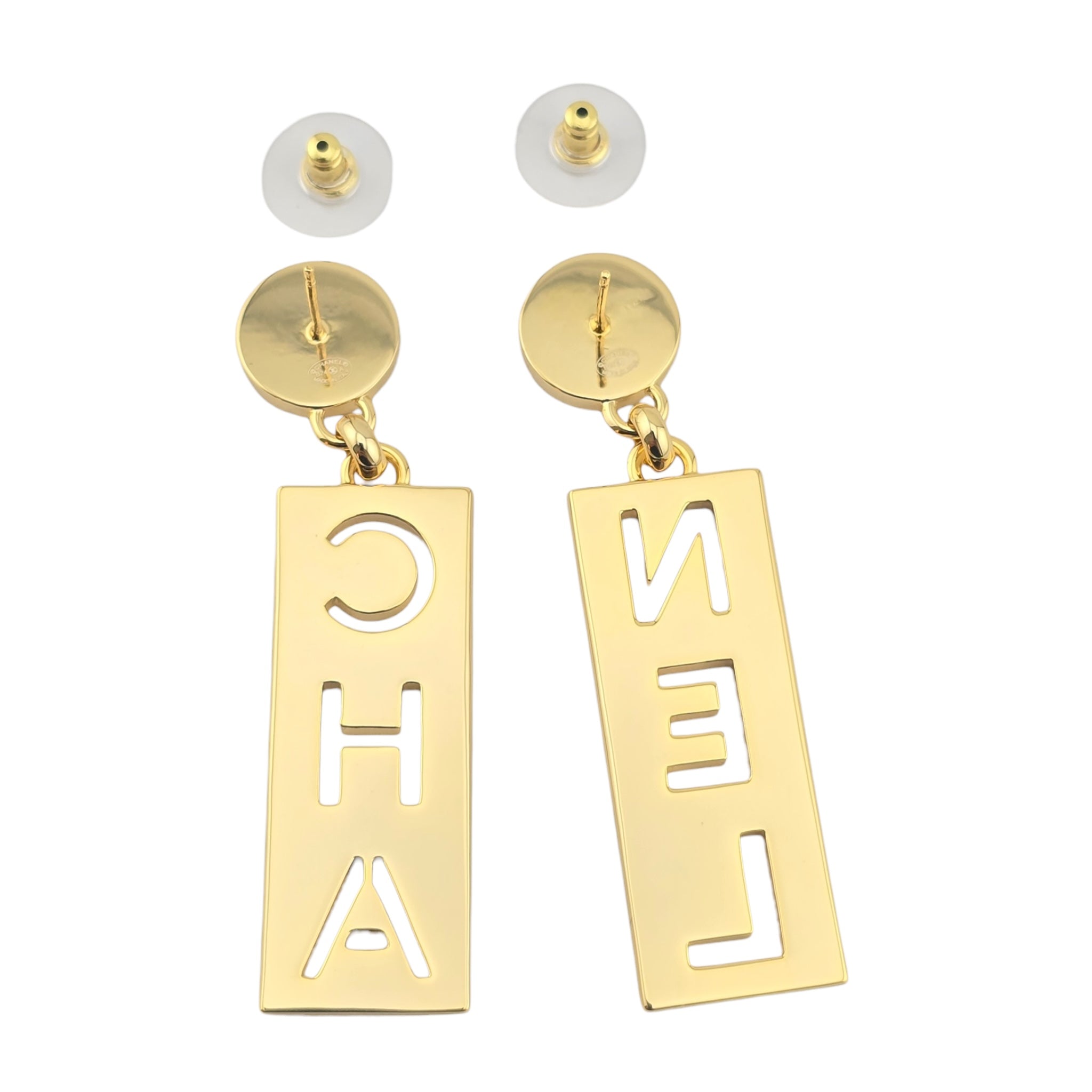 Chanel Metal Enamel Cha-Nel Logo Drop Earrings CHANEL