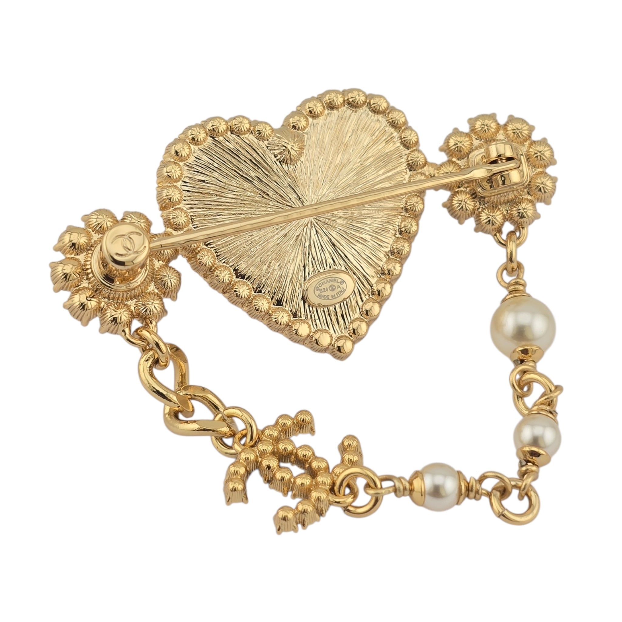 Chanel CC Gold Heart Crystal Faux Pearl Brooch 2024 CHANEL