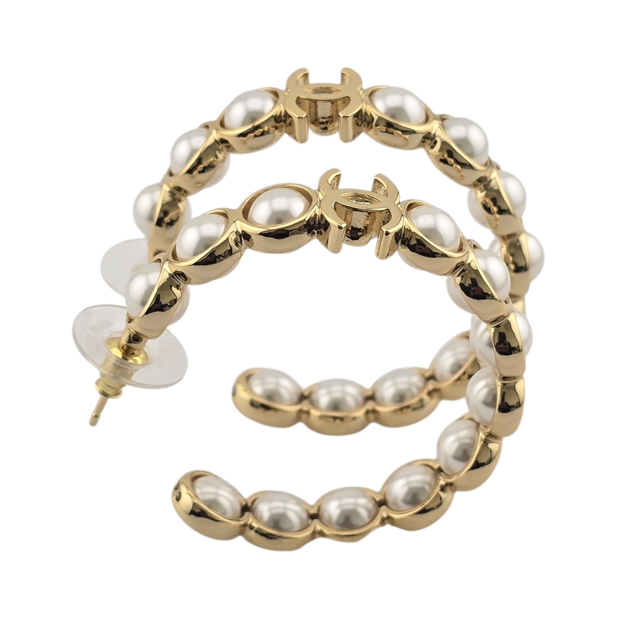 Chanel CC Faux Pearl Gold Hoop Earrings 2024 CHANEL