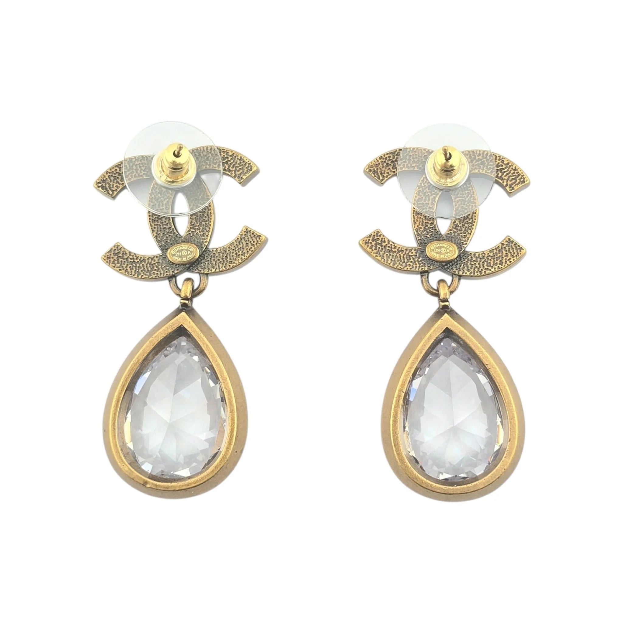 Chanel CC Tear Drop Crystal Dangle Gold Earrings 2024 CHANEL