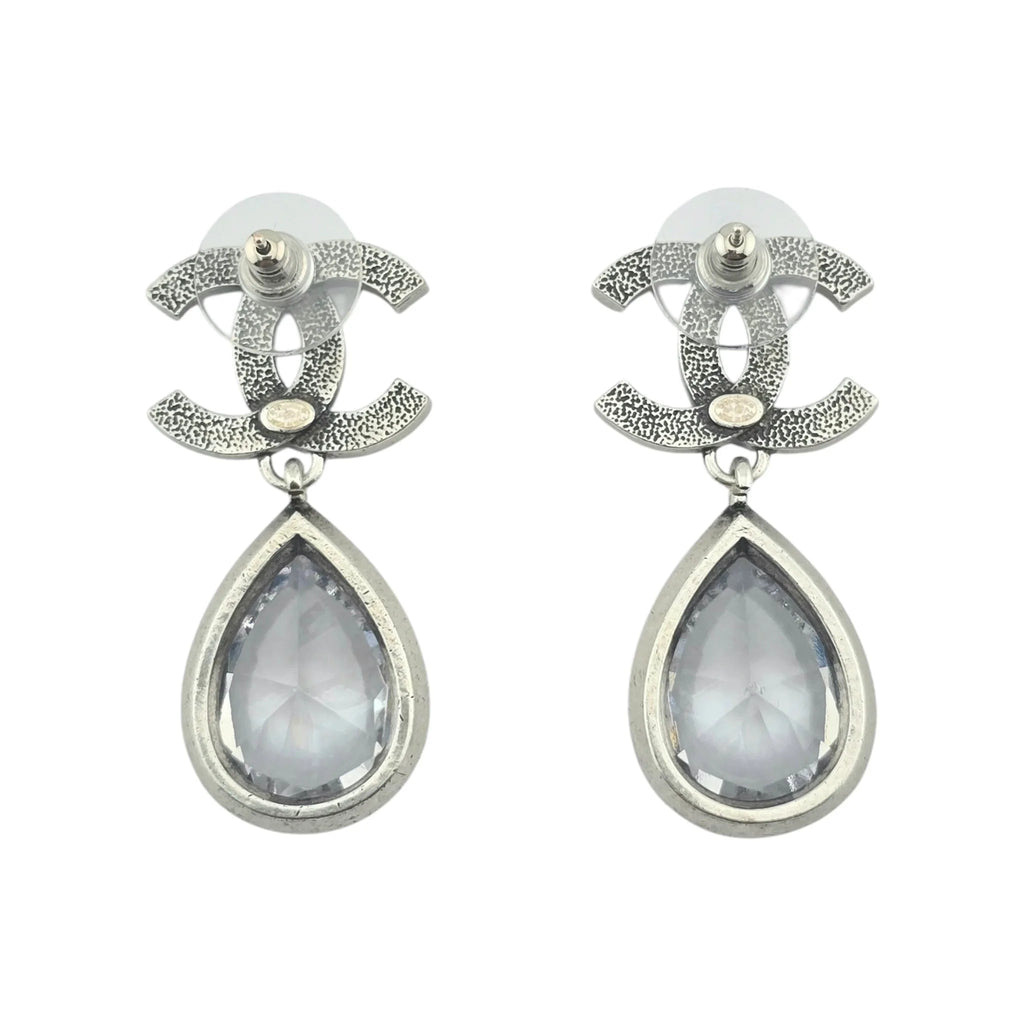 Chanel CC Tear Drop Crystal Dangle Silver Earrings 2024 CHANEL