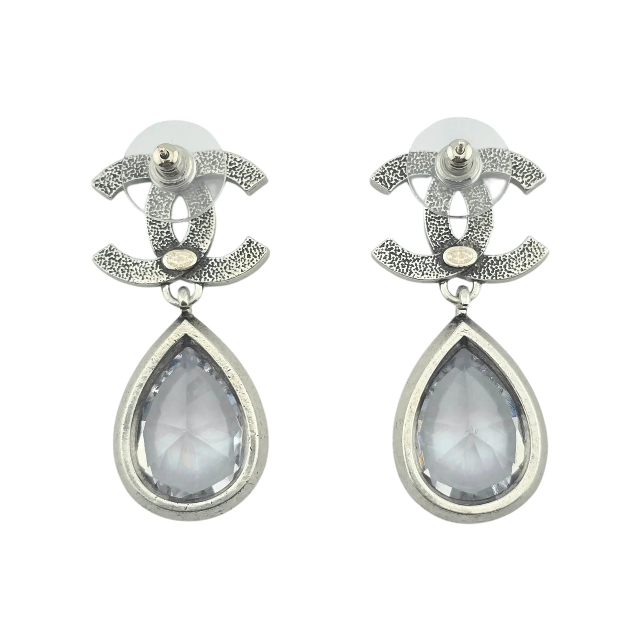 Chanel CC Tear Drop Crystal Dangle Silver Earrings 2024 CHANEL
