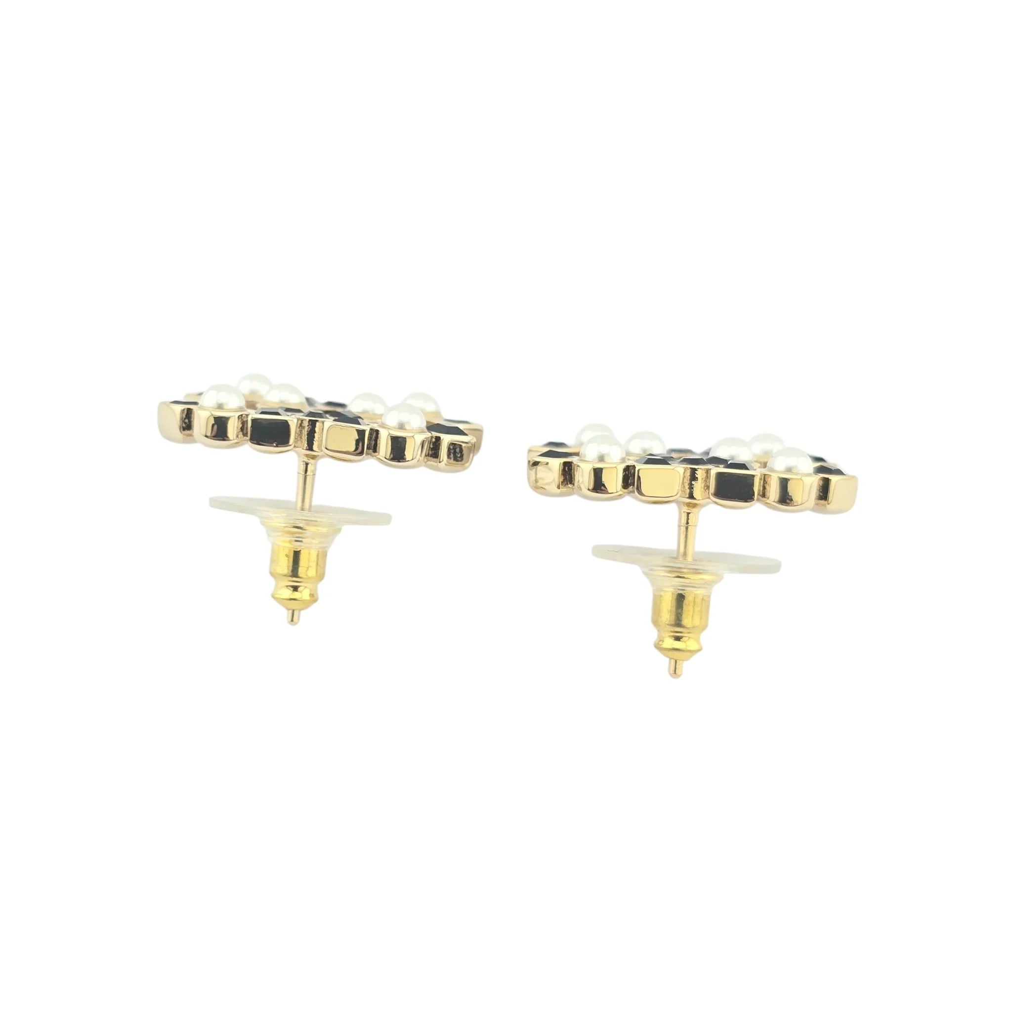 Chanel CC Black Crystal Pearl Stud Earrings 22P CHANEL