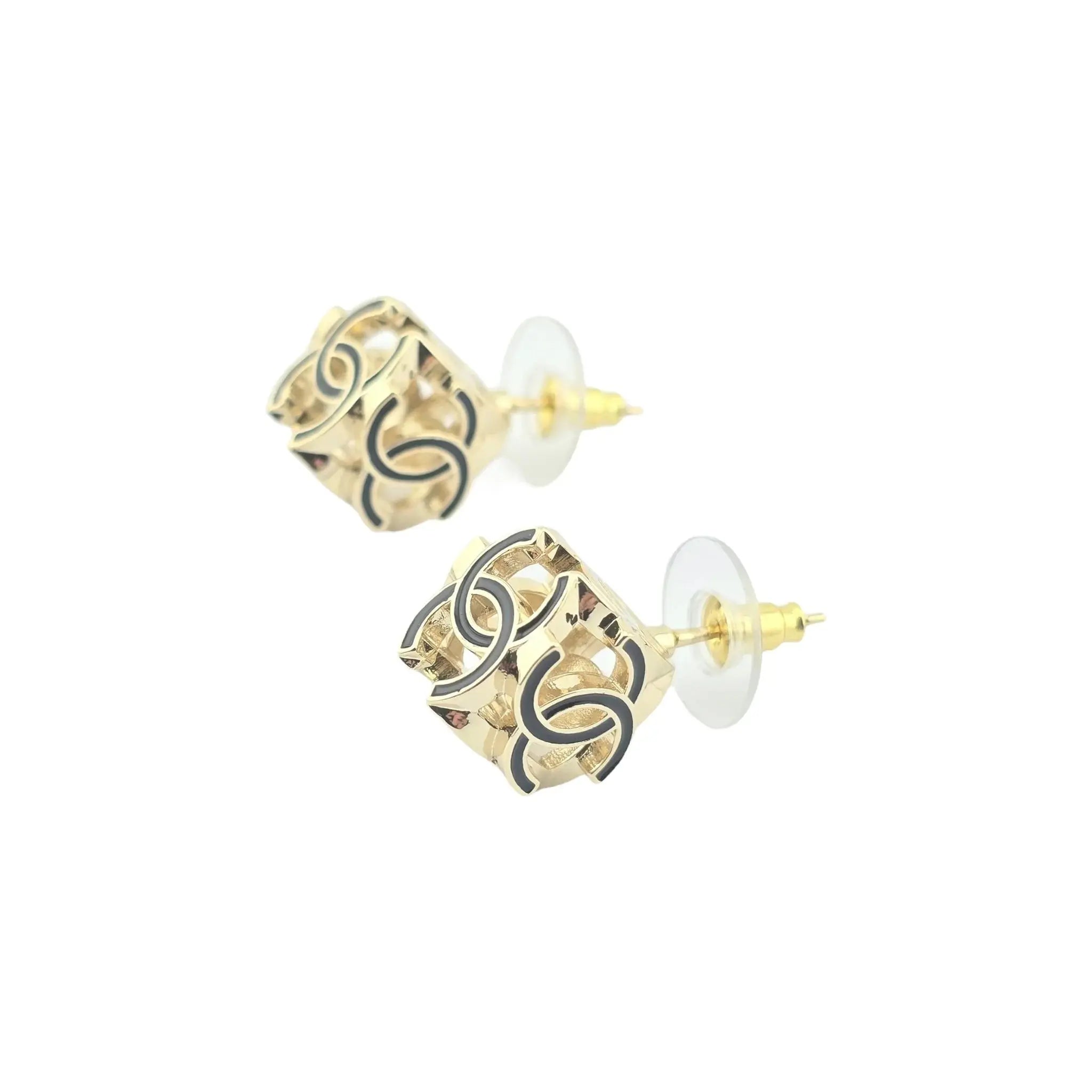 Chanel CC Logo Cube Earrings Black Gold 2022 CHANEL
