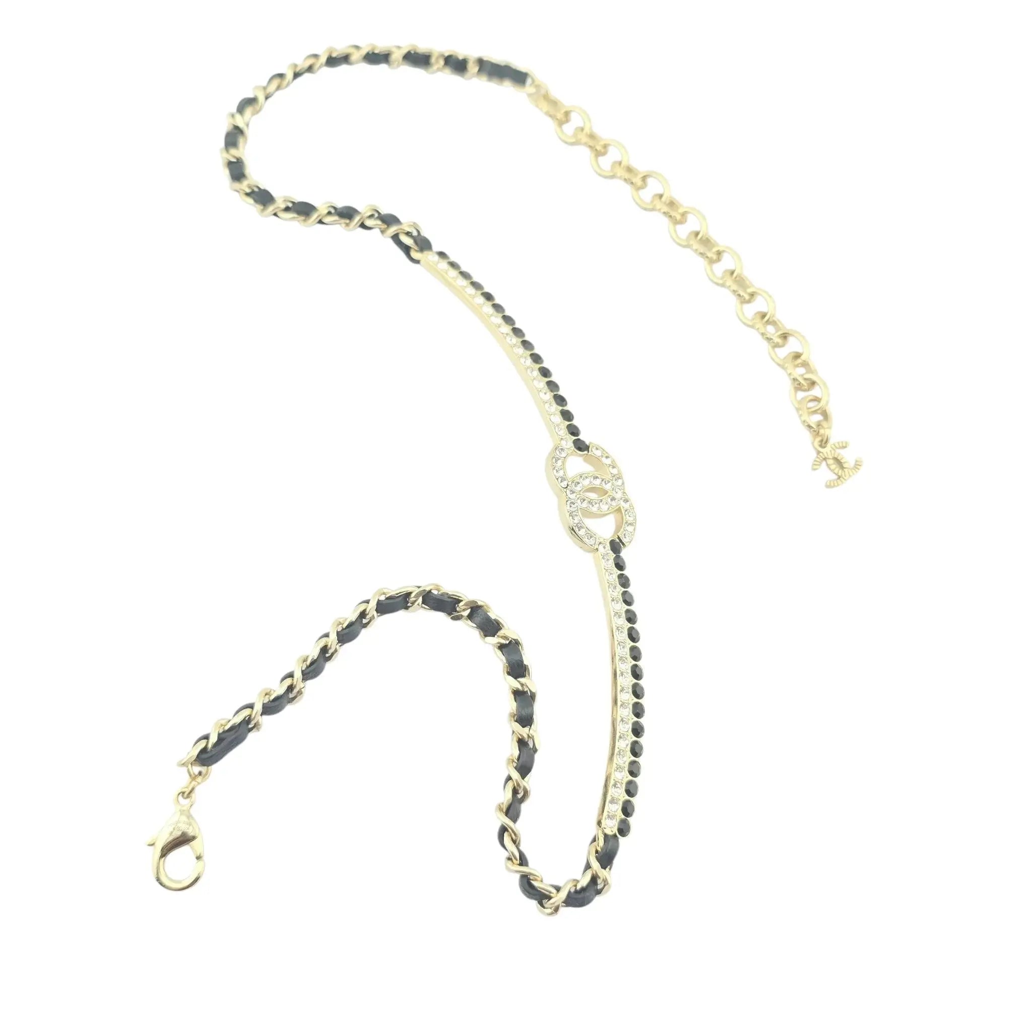 Chanel CC Black Gold Leather Choker Necklace A22 CHANEL