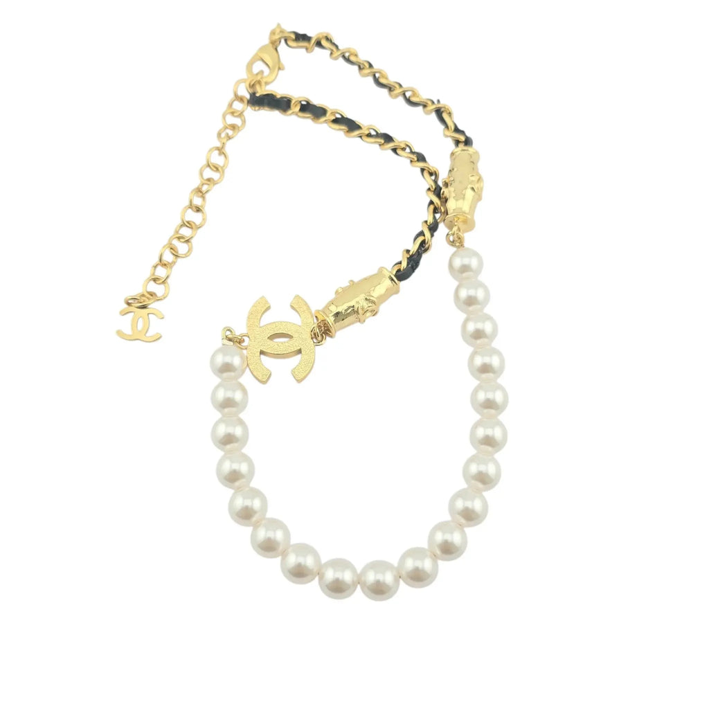 Chanel CC Faux Pearl Leather Gold Choker Necklace 2023 CHANEL