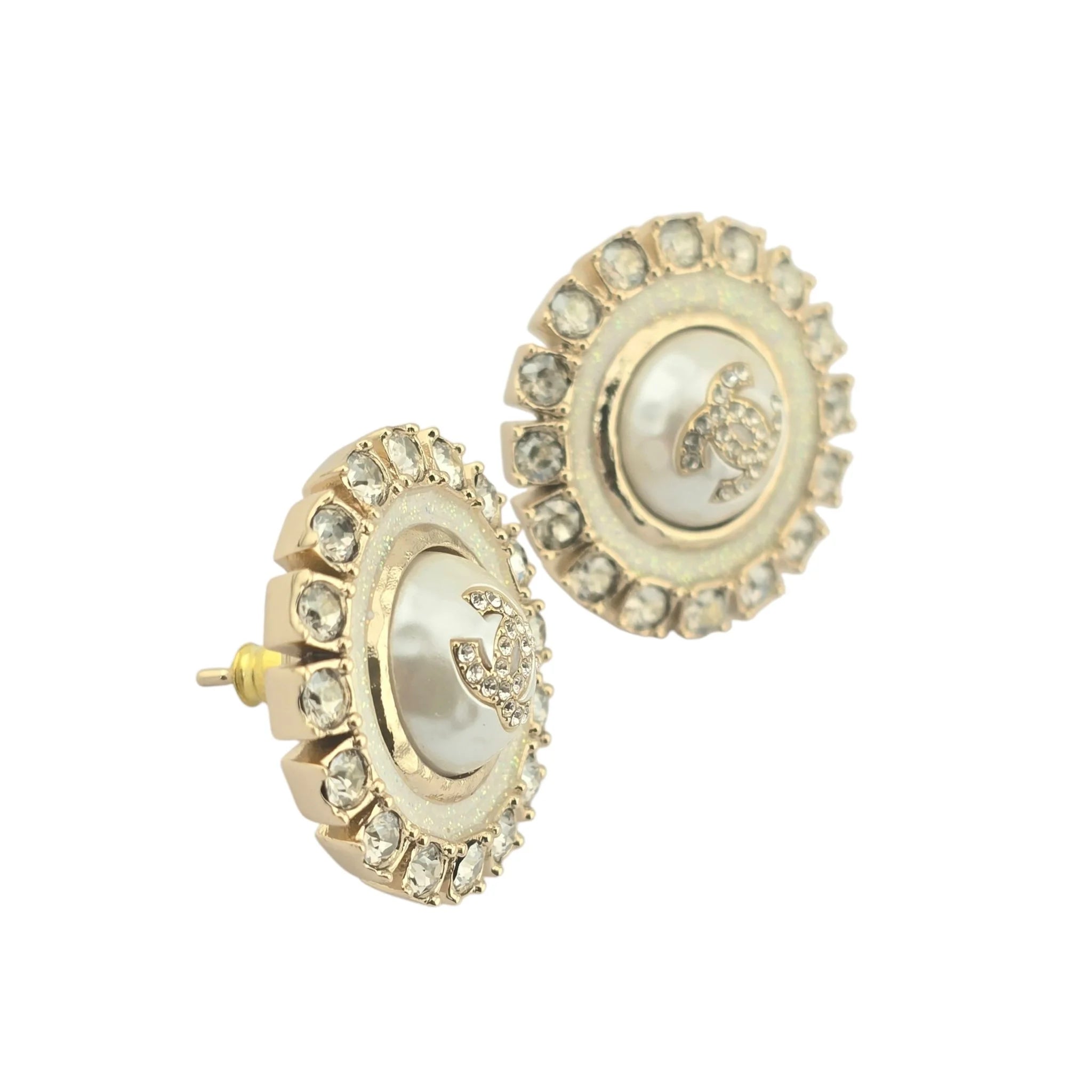 Chanel Metal Pearl Crystal CC Round Earrings Light Gold 2024 CHANEL