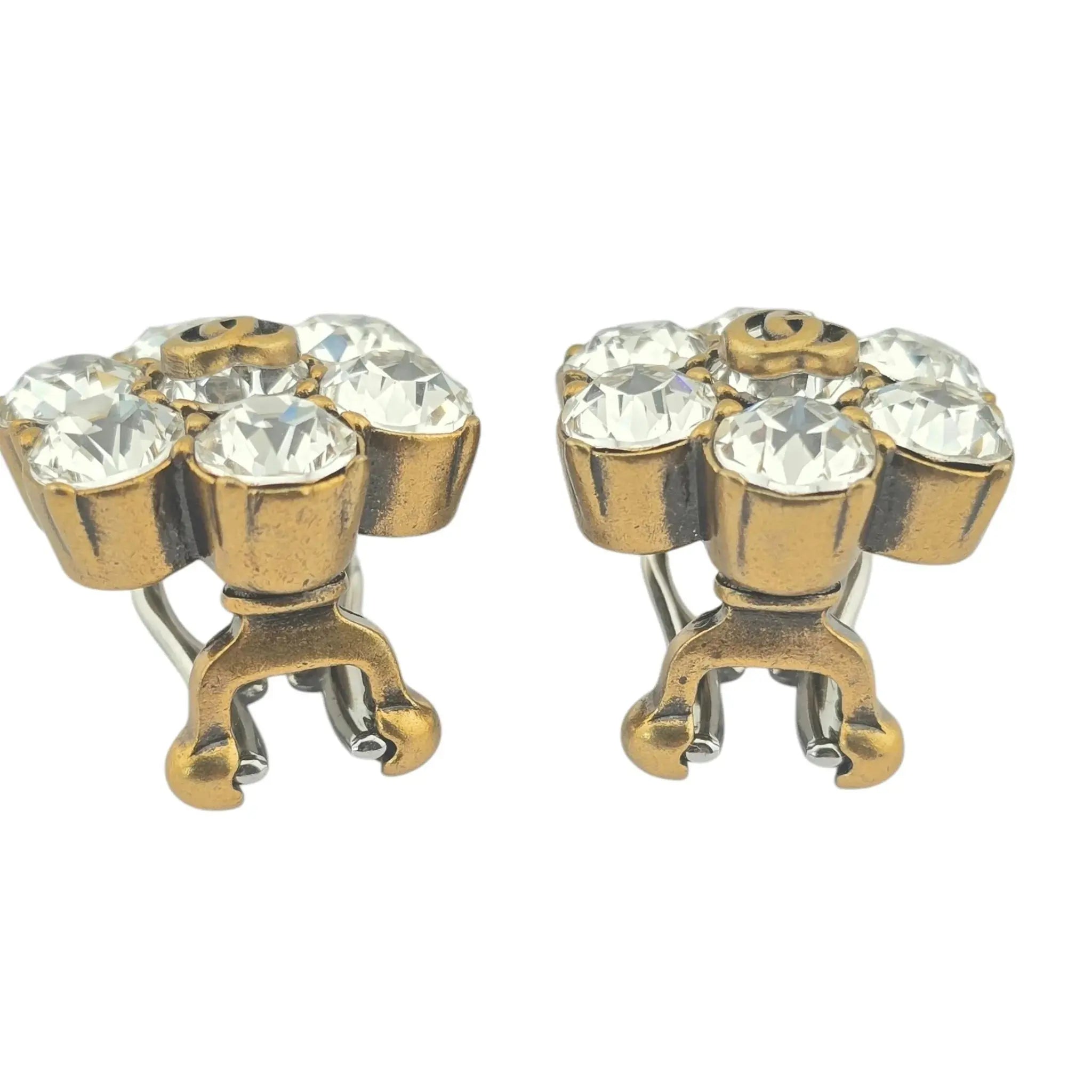 GUCCI Metal Crystal Double G Clip On Earrings Aged Gold GUCCI