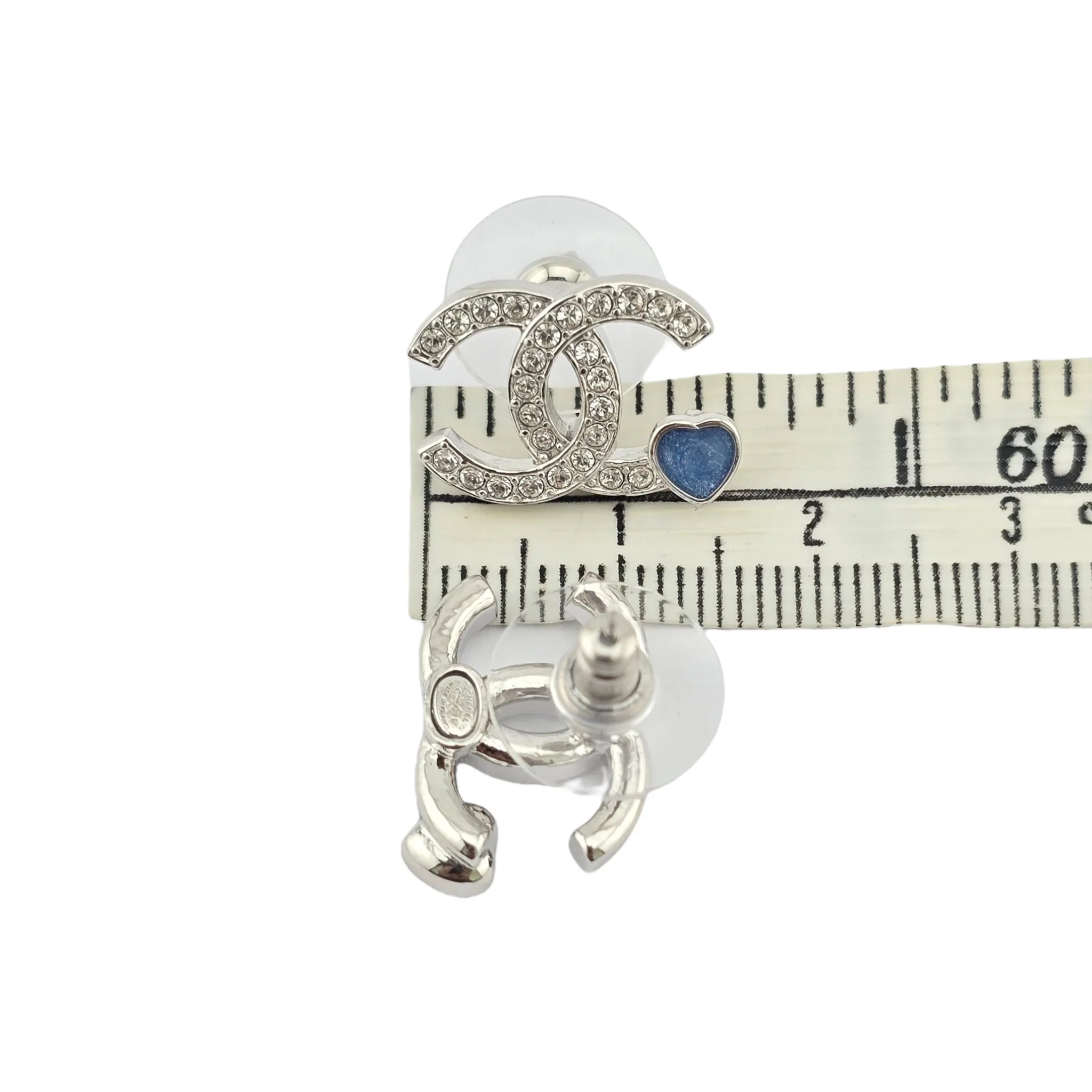 Chanel CC Silver Crystal Blue Heart Stud Earrings 2025 CHANEL