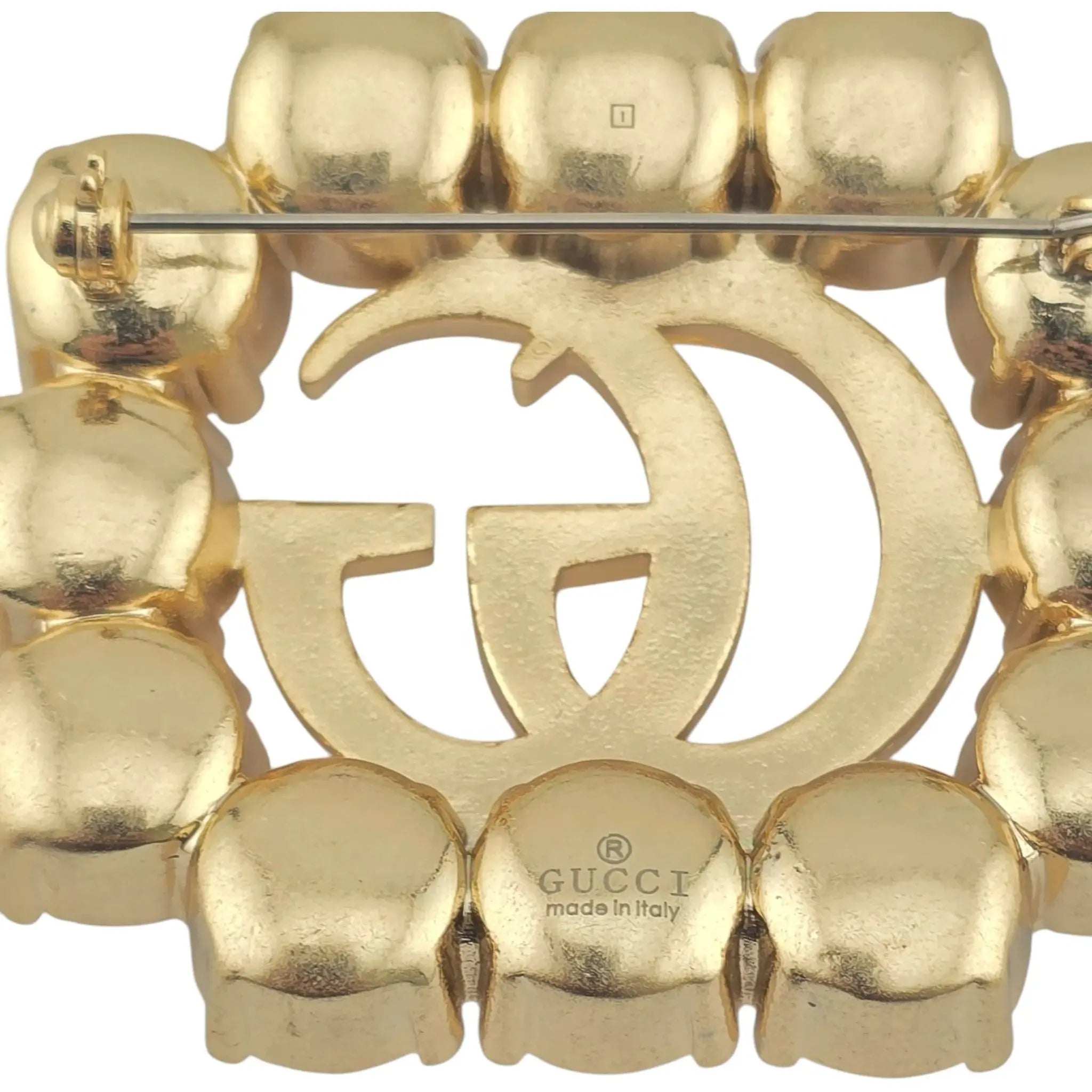 GUCCI GG Pearl Double G Brooch Aged Gold GUCCI