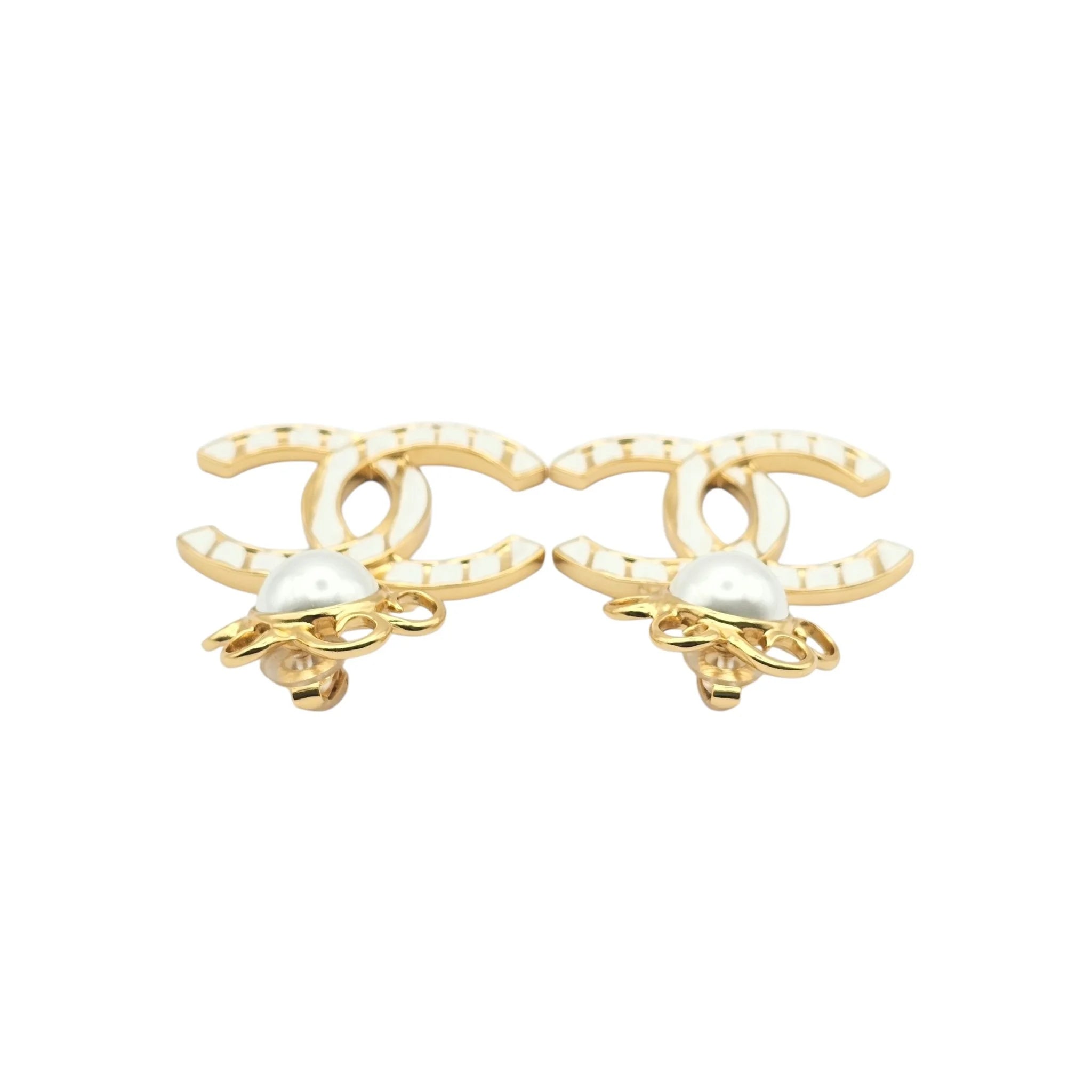 Chanel 23C XL Gold White Stripe Clip On Dangle Drop Earrings CHANEL