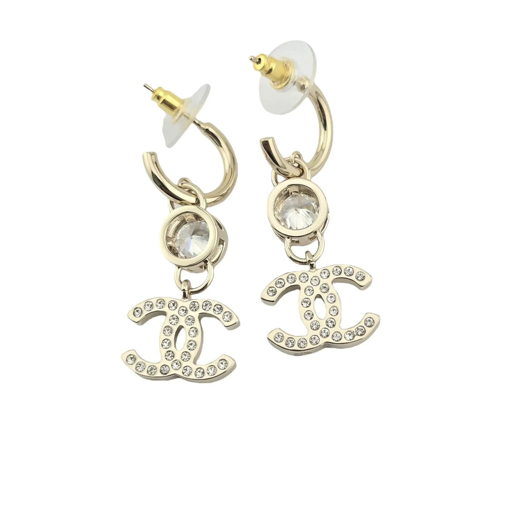 Chanel CC Crystal Heart Drop Earrings Gold CHANEL