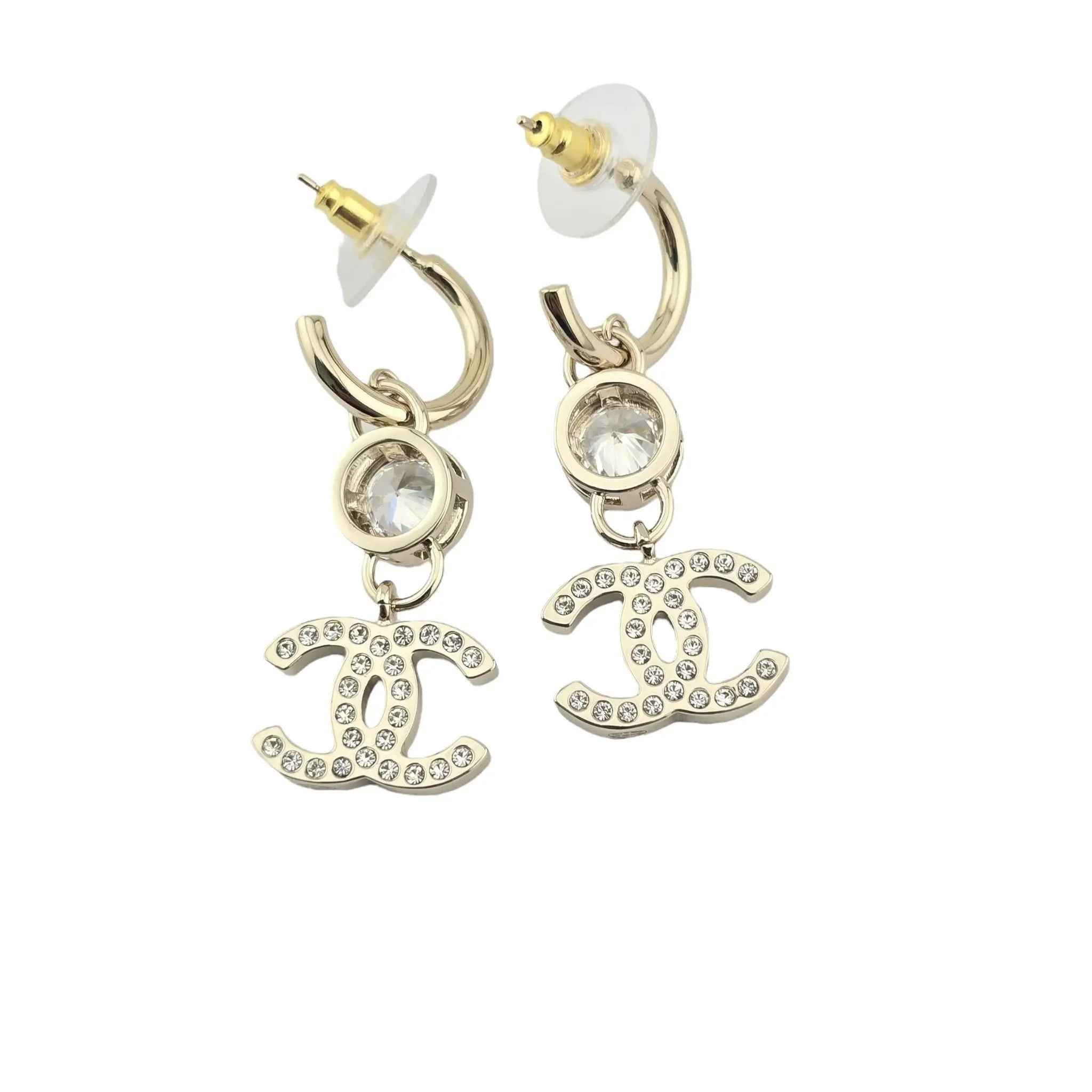 Chanel CC Crystal Heart Drop Earrings Gold CHANEL