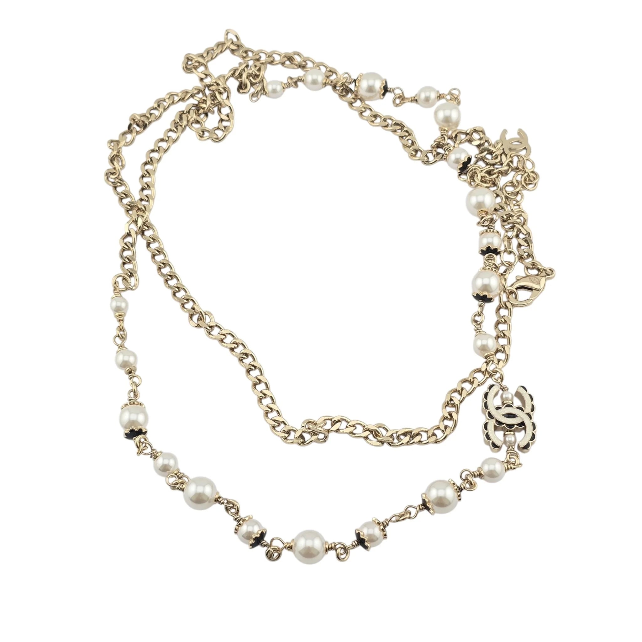 Chanel CC Pearl Gold Long Necklace Black White 2024 CHANEL