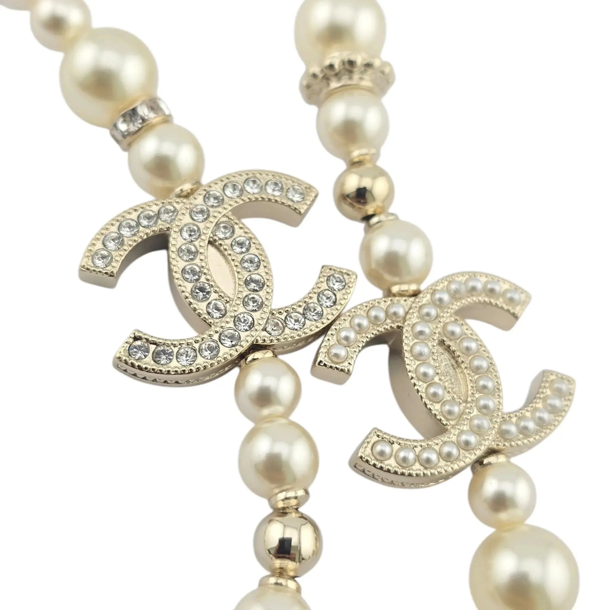 Chanel CC Long Faux Pearl Necklace Star Crystals 2023 CHANEL